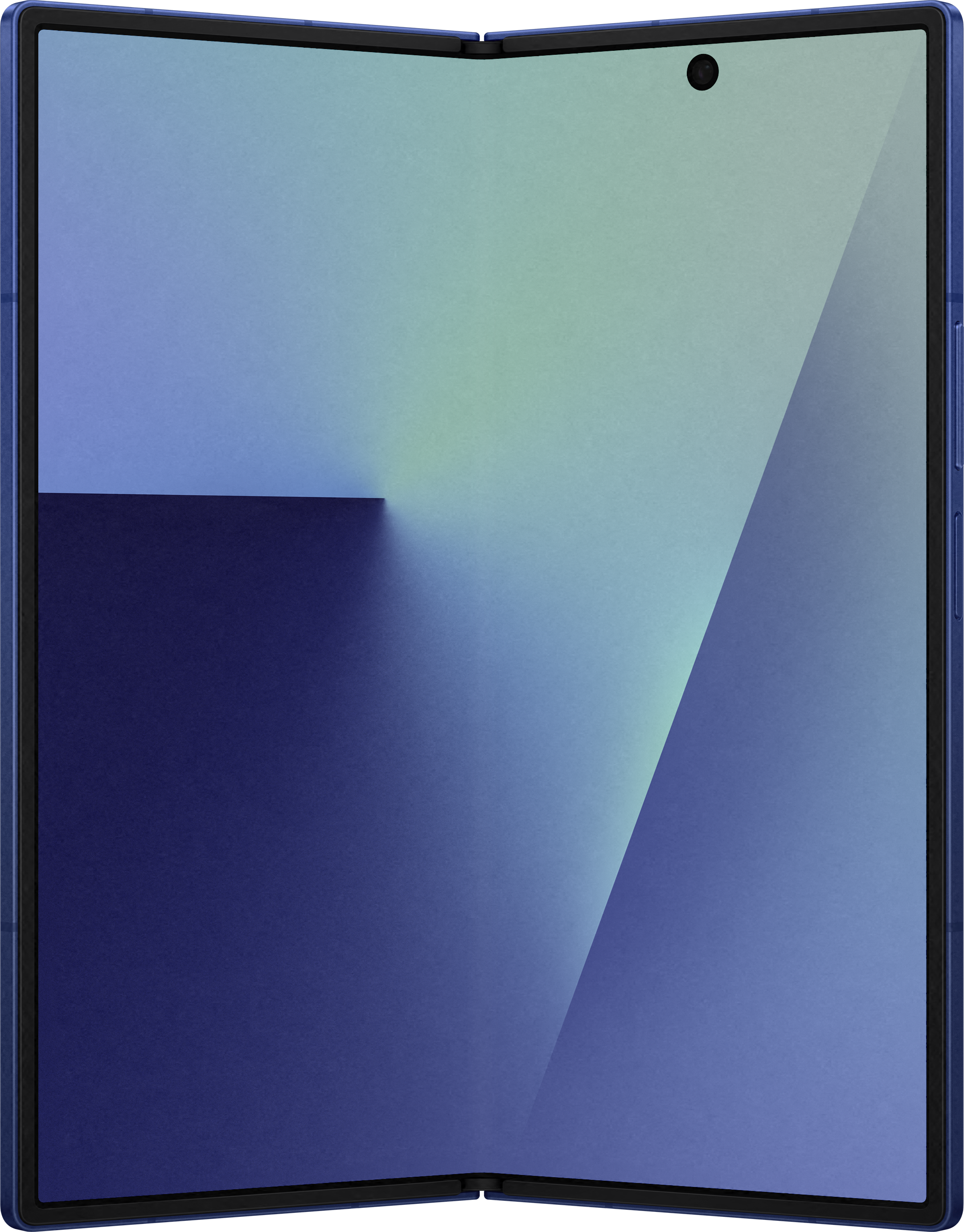 Appareil pliable avec écran dégradé bleu et vert. L'appareil est bleu foncé et possède une caméra.