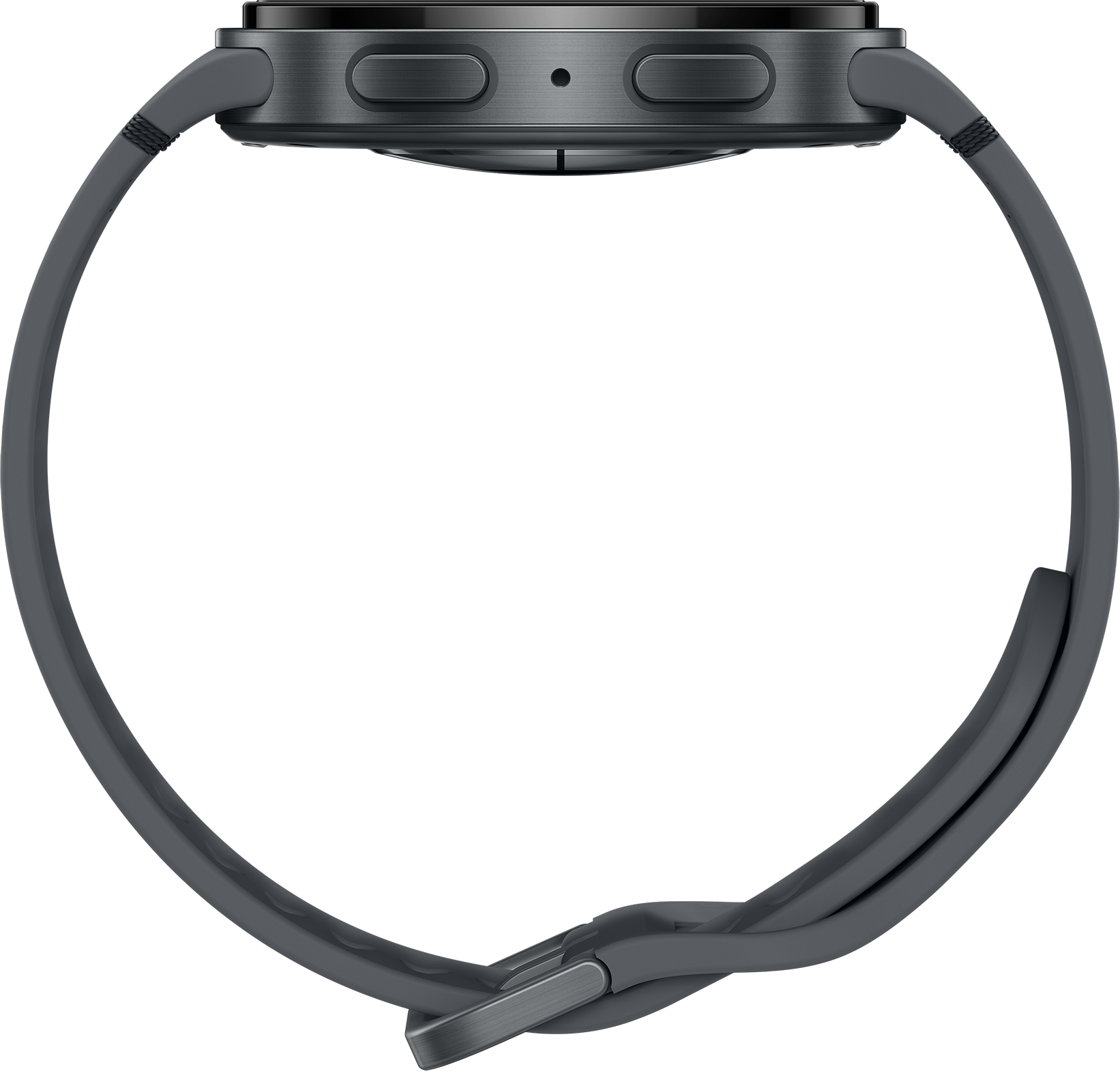 Une smartwatch grise avec un bracelet assorti. Le cadran a deux boutons et un petit trou. Le bracelet est fermé.