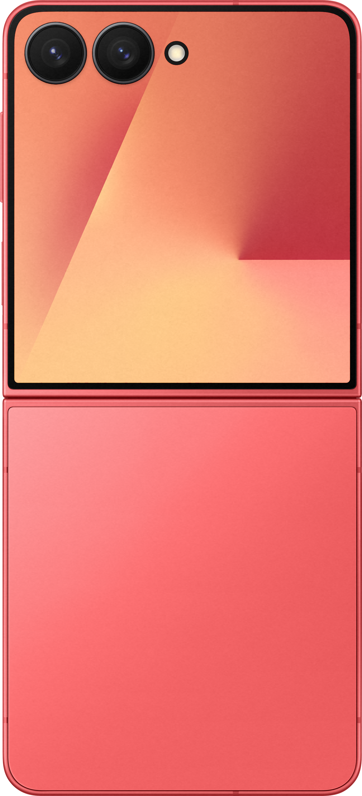 Uno smartphone pieghevole color corallo, chiuso. La parte superiore ha fotocamere e display. La parte inferiore è monocolore.