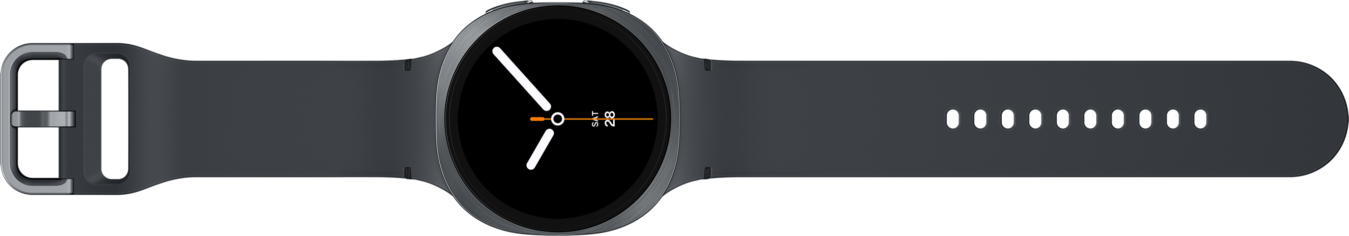 Une montre connectée sombre avec un cadran noir et un bracelet gris. Les aiguilles blanches indiquent l'heure. Le fond est noir.