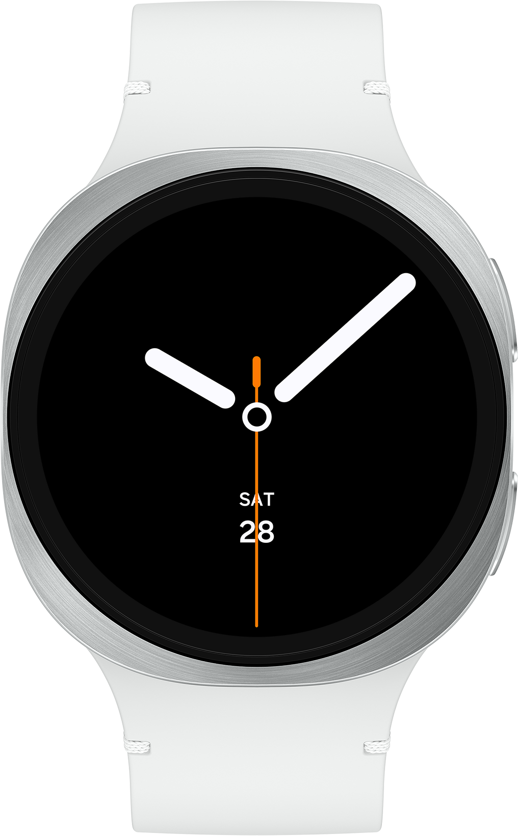 Une smartwatch blanche avec écran noir affiche des aiguilles blanches et la date. Le bracelet est blanc et le boîtier argenté.