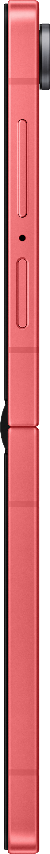 Uno smartphone verticale rosso. Un bordo nero corre a sinistra. La fotocamera è in alto. Dettagli: pulsanti e cerniera.