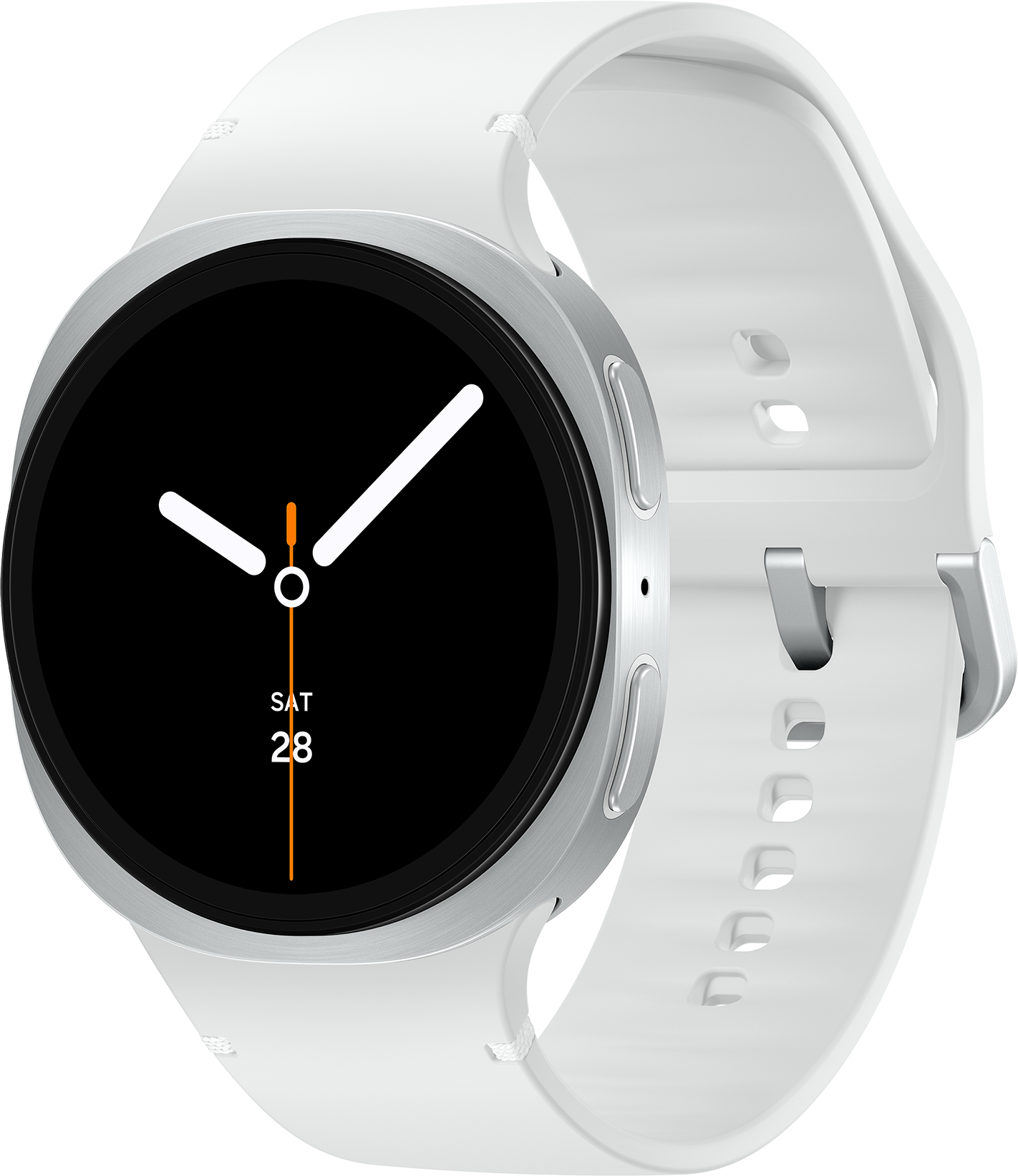 Montre connectée blanche avec cadran noir affichant l'heure et la date. Le bracelet est blanc. La montre est sur fond blanc.