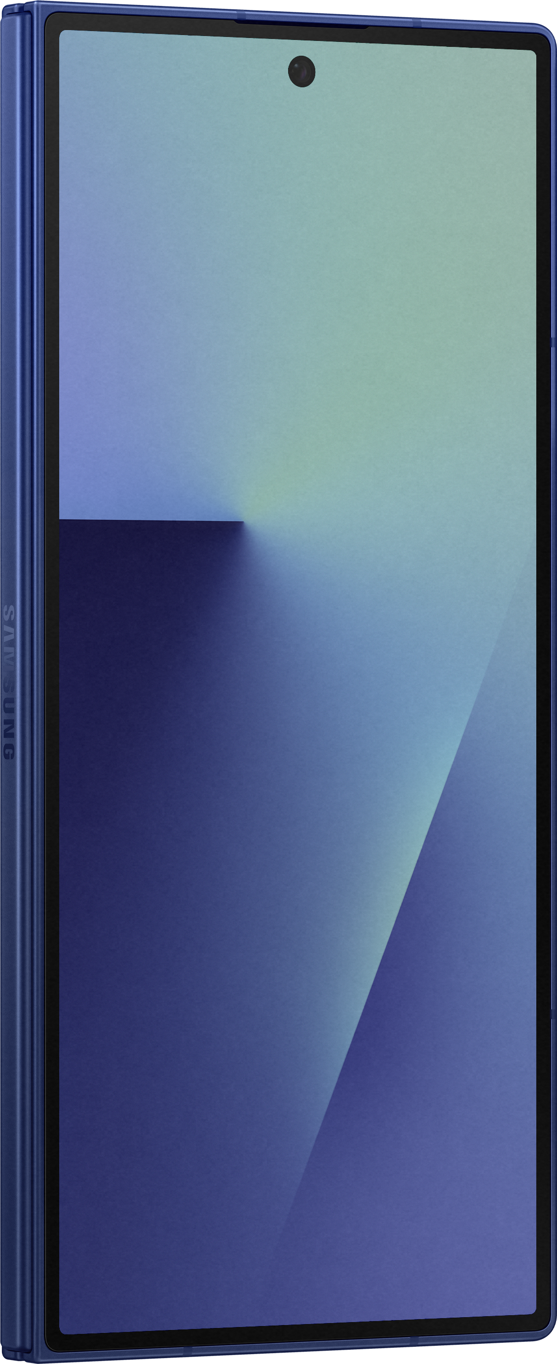 Une tablette Samsung bleue avec un écran sombre. Elle a une caméra en haut, avec le logo Samsung sur le côté.