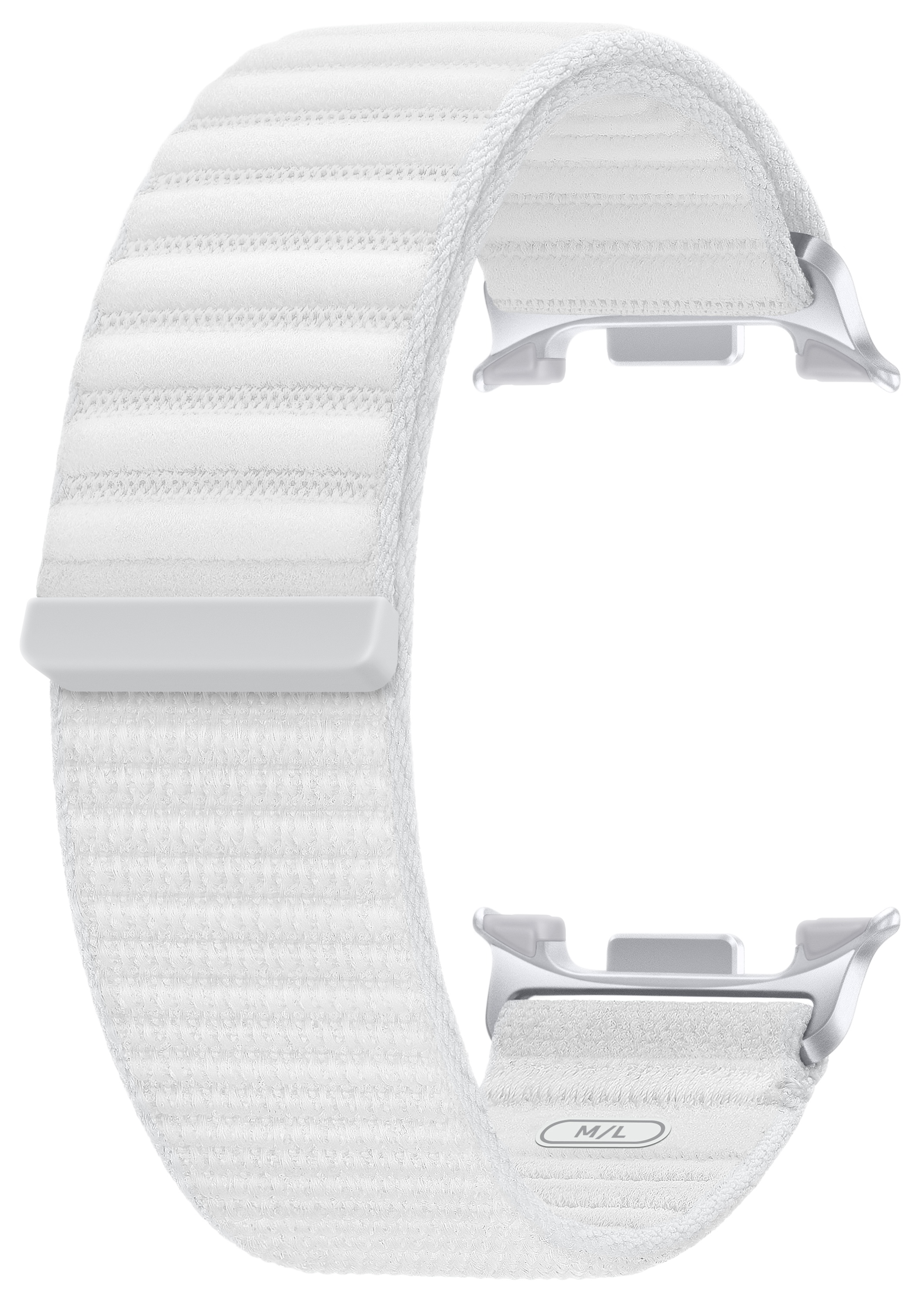 Biały pasek do Apple Watch. Wykonany z teksturowanej tkaniny z magnetycznym zapięciem i metalowymi mocowaniami.