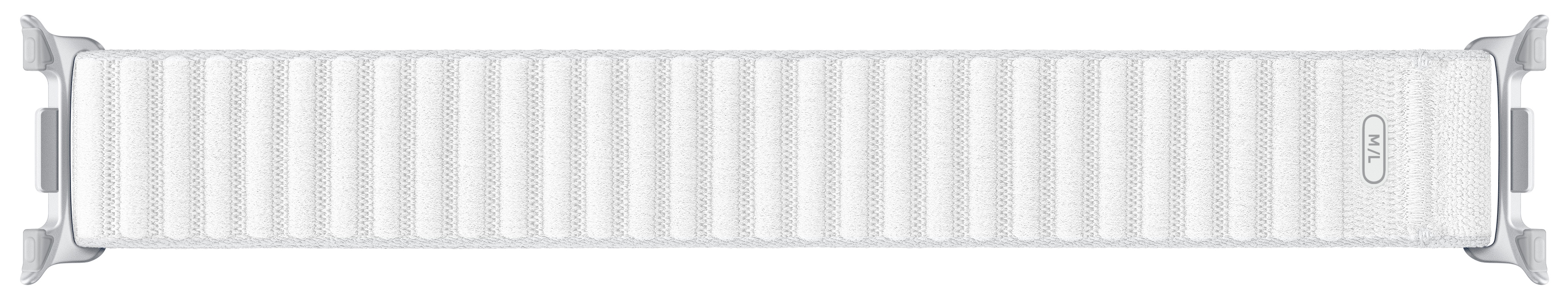 Biały pasek do Apple Watch. Pasek jest jasnoszary, z pionową strukturą w paski i jasnoszarymi łącznikami.