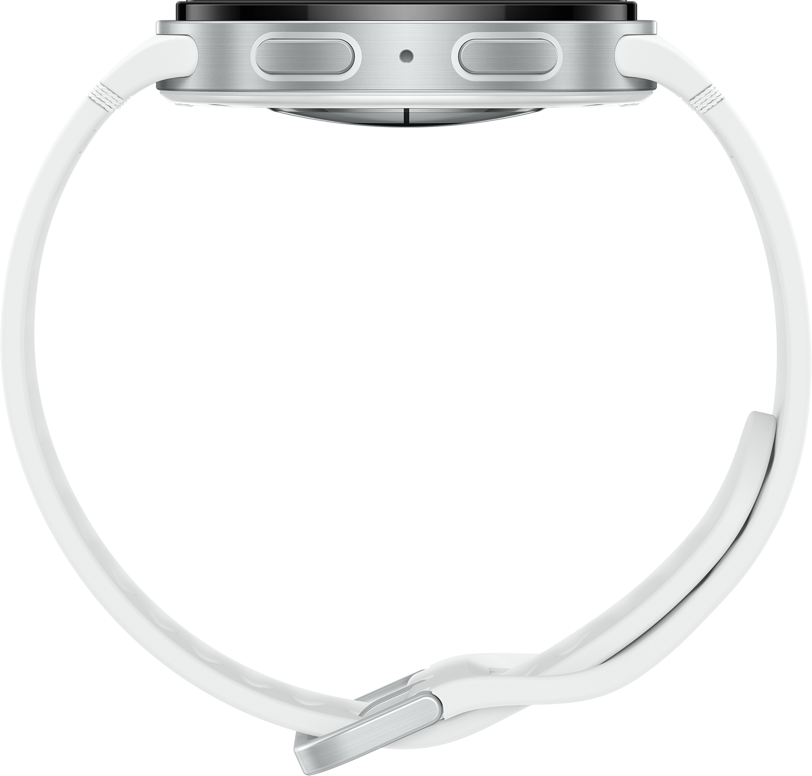 Gros plan d'une montre connectée avec boîtier argenté et bracelet blanc. Deux boutons sur le côté. Le bracelet est connecté.