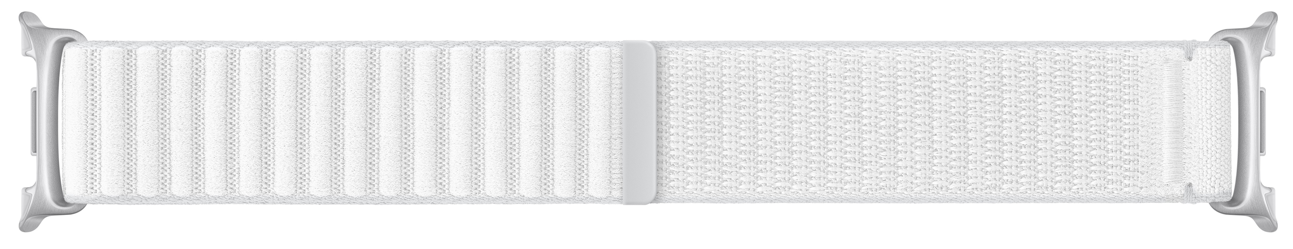 Biały pasek do Apple Watch. Lewa strona ma pionowe żebra, prawa ma tkaną teksturę, obie mają srebrne zapięcia.