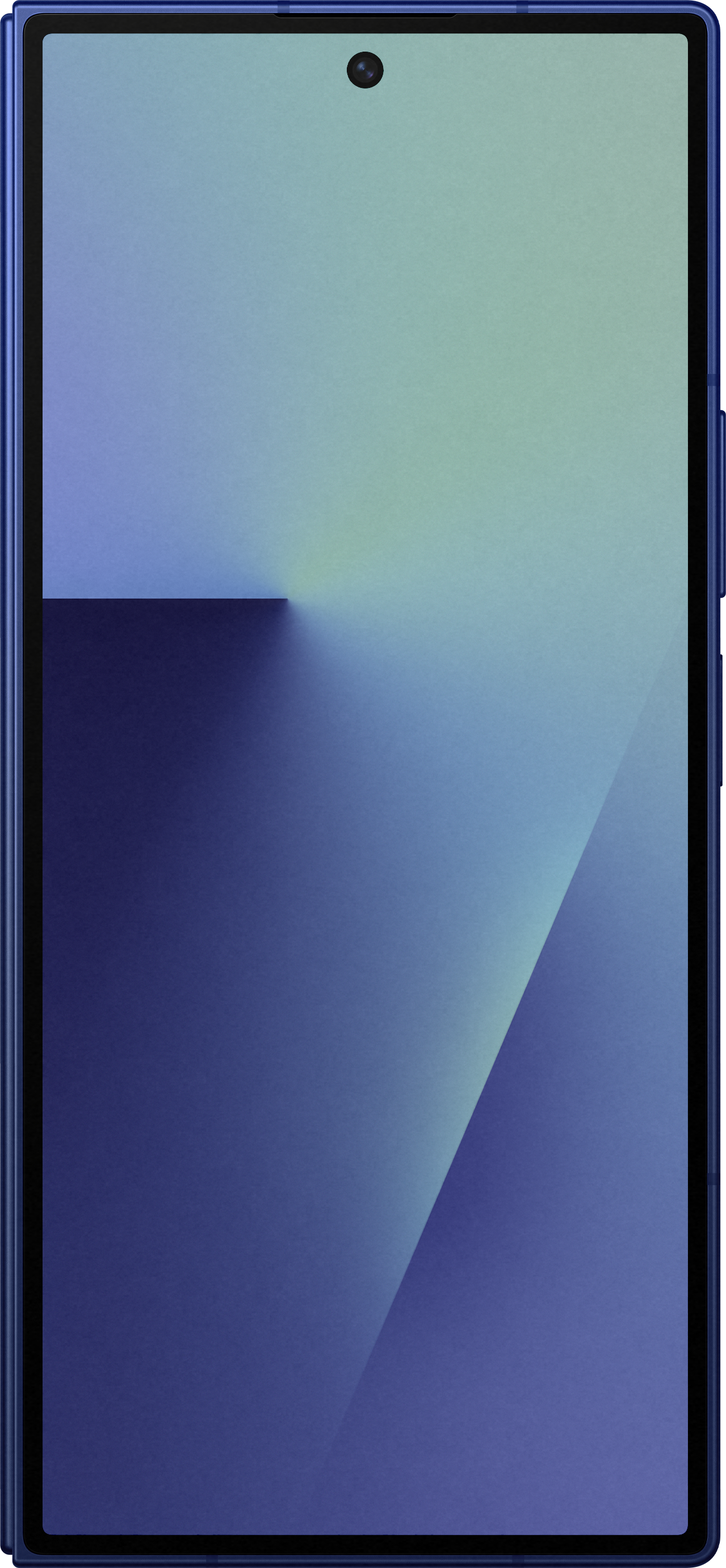 Un smartphone bleu avec un écran dégradé. L'écran affiche un dégradé bleu et vert. Une caméra frontale est visible.