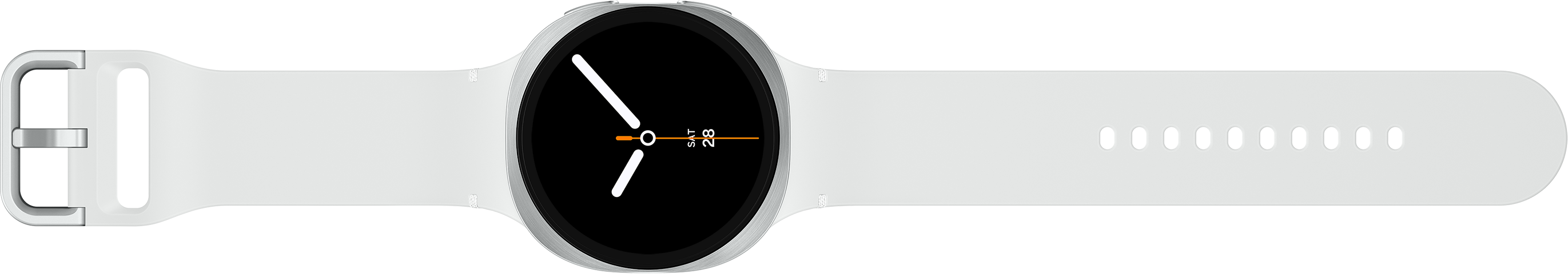 Une montre connectée blanche avec un écran noir affichant l'heure. La montre a un bracelet blanc.