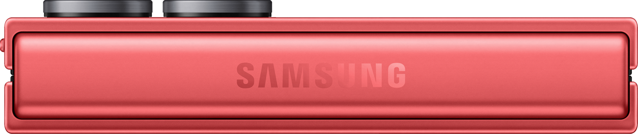 Un dispositivo telefonico rosso con il logo Samsung. Il dispositivo ha un design rettangolare con bordi arrotondati e una parte superiore metallica.