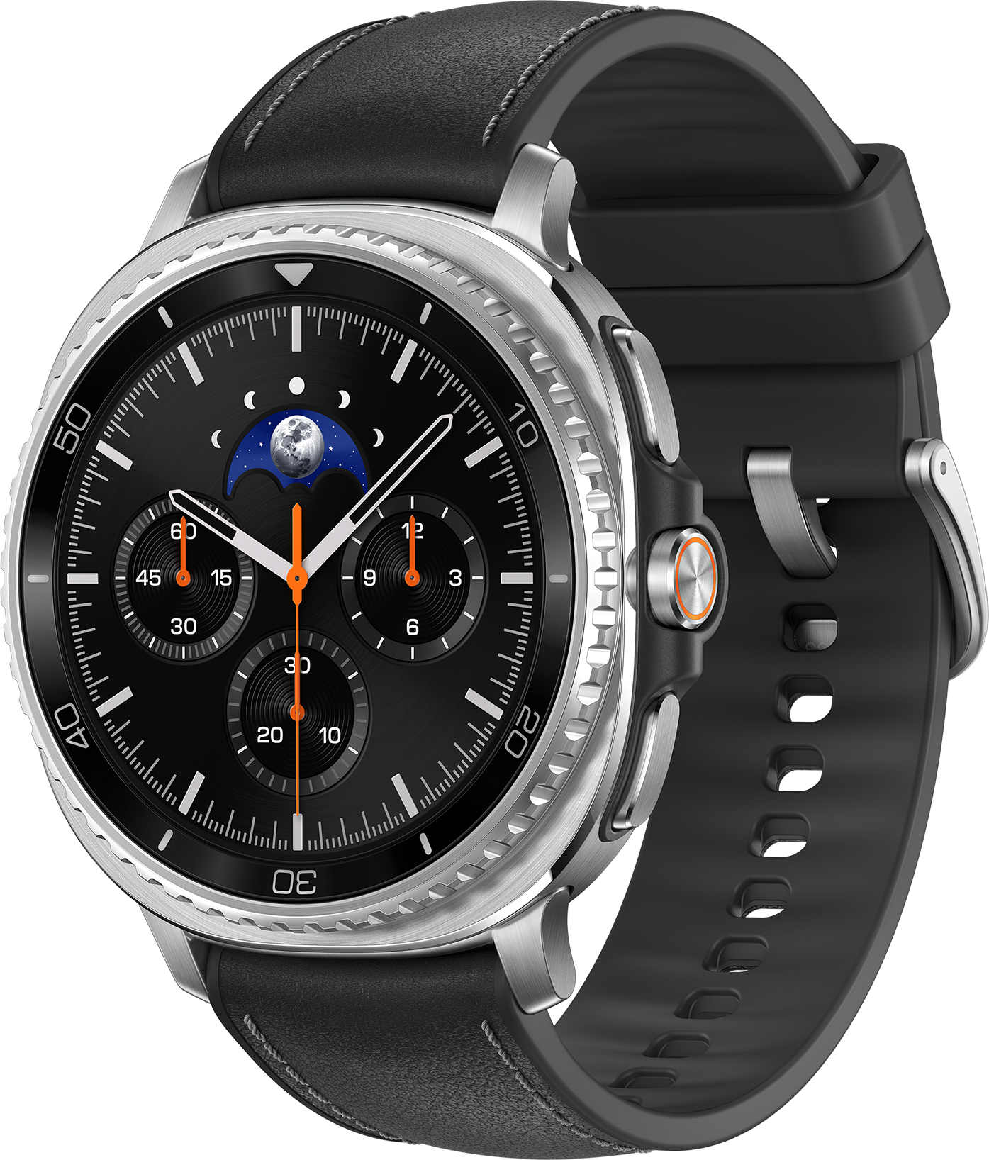 Gros plan d'une smartwatch avec un cadran noir et un bracelet en cuir noir. La montre a une lunette argentée et des accents orange.