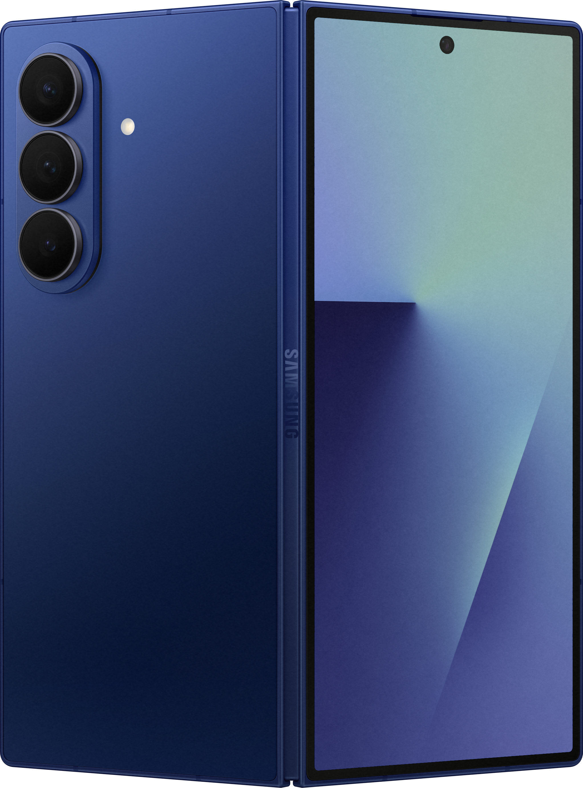 Un téléphone pliable bleu, ouvert pour révéler un écran dégradé. Trois lentilles de caméra sont visibles.