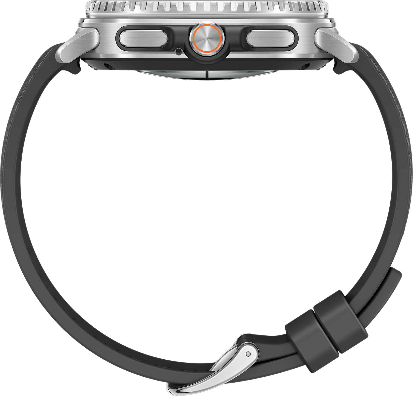 Vue latérale d'une montre intelligente argentée avec bracelet noir et bouton orange. Le fond est un dégradé gris.