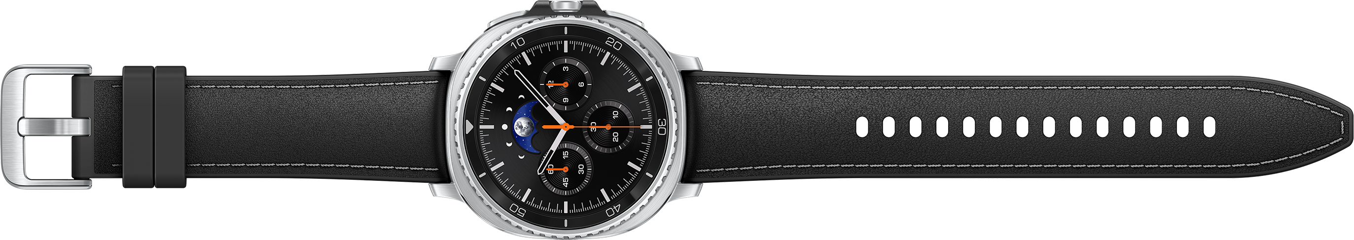 Une montre connectée noire avec un bracelet en cuir. Le cadran est noir avec des accents argentés, le bracelet a des coutures blanches.