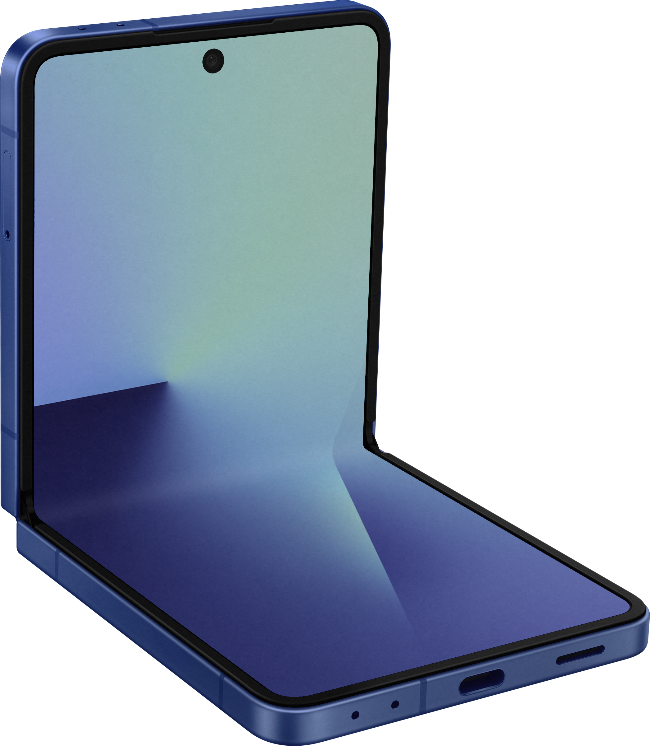 Un téléphone bleu pliable est partiellement ouvert. L'écran présente un dégradé de bleu à vert. Le fond est gris.