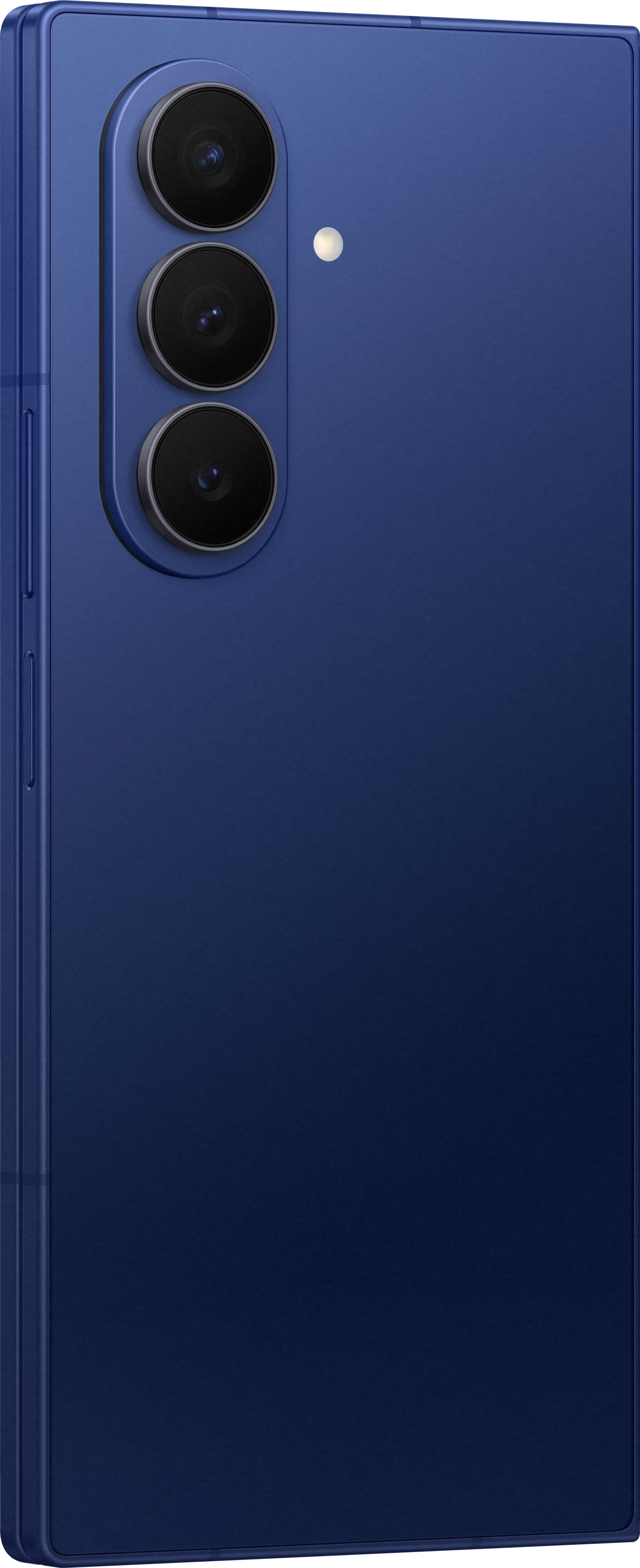 Gros plan de l'arrière d'un smartphone bleu. Trois objectifs d'appareil photo sont visibles. Un flash est également présent. Le téléphone est positionné verticalement.