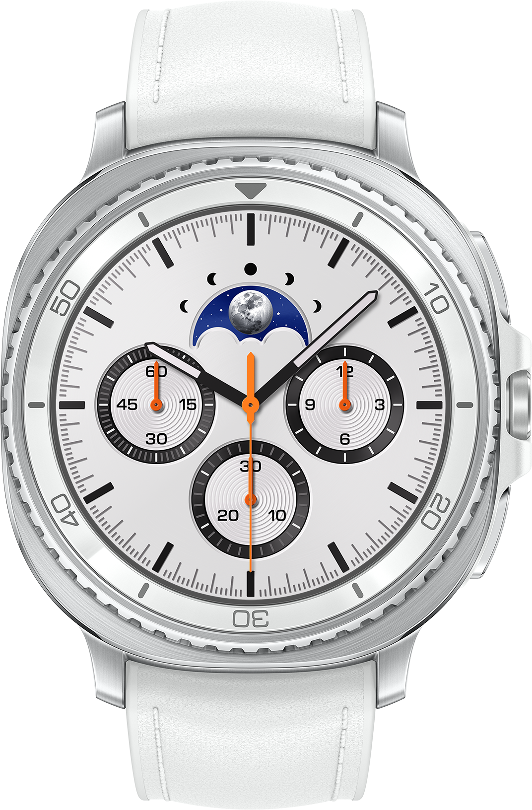 Une montre-bracelet blanche avec indicateur de phase lunaire. Elle a un cadran blanc avec des aiguilles noires et oranges. Le bracelet est en cuir blanc.