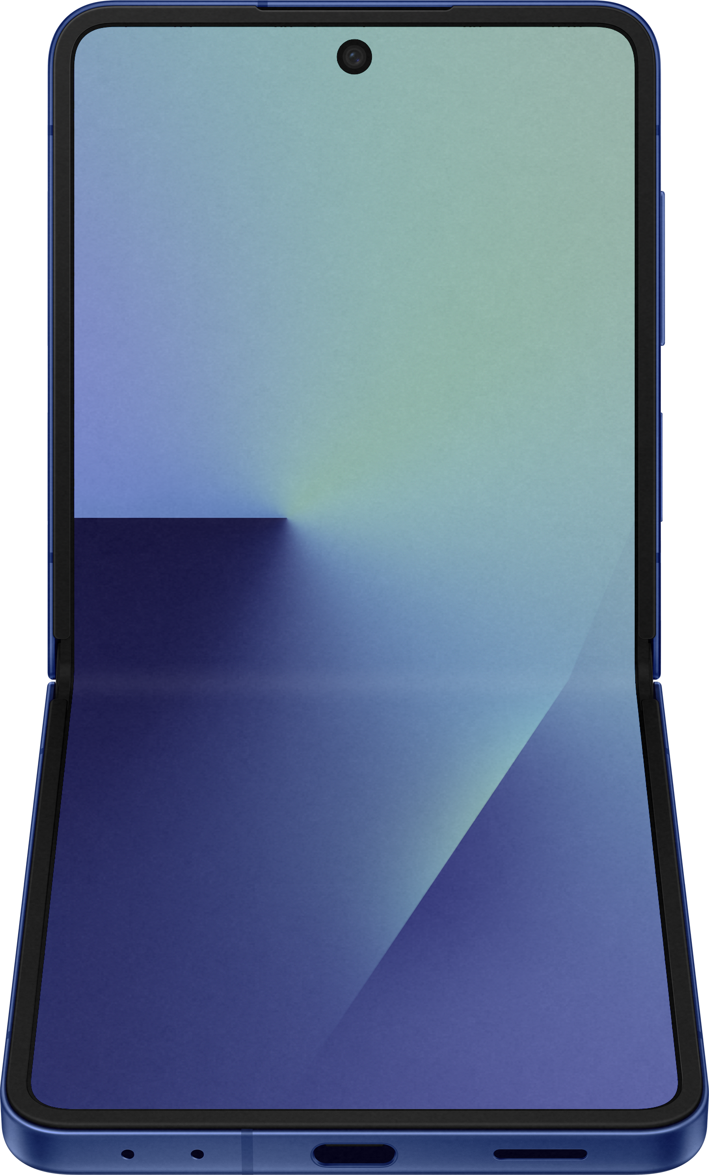 Smartphone bleu pliable, ouvert en angle. L'écran affiche un dégradé de bleu et de vert. Une caméra est visible.