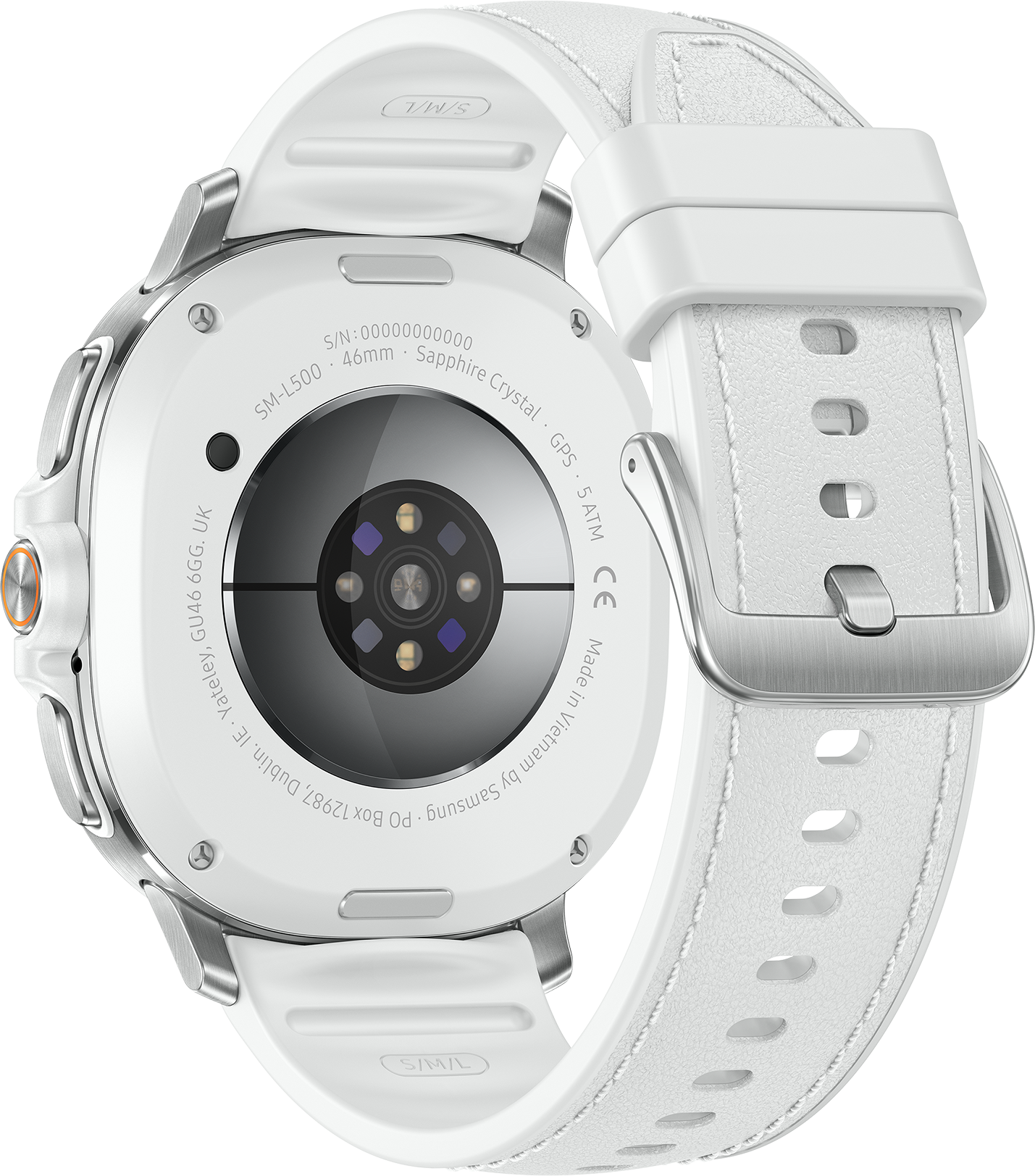Montre connectée blanche, vue arrière. Affiche les capteurs, le bracelet et les informations. Détails argentés. Détails du texte : SM-L500, GPS, 5 ATM, Fabriqué au Vietnam.