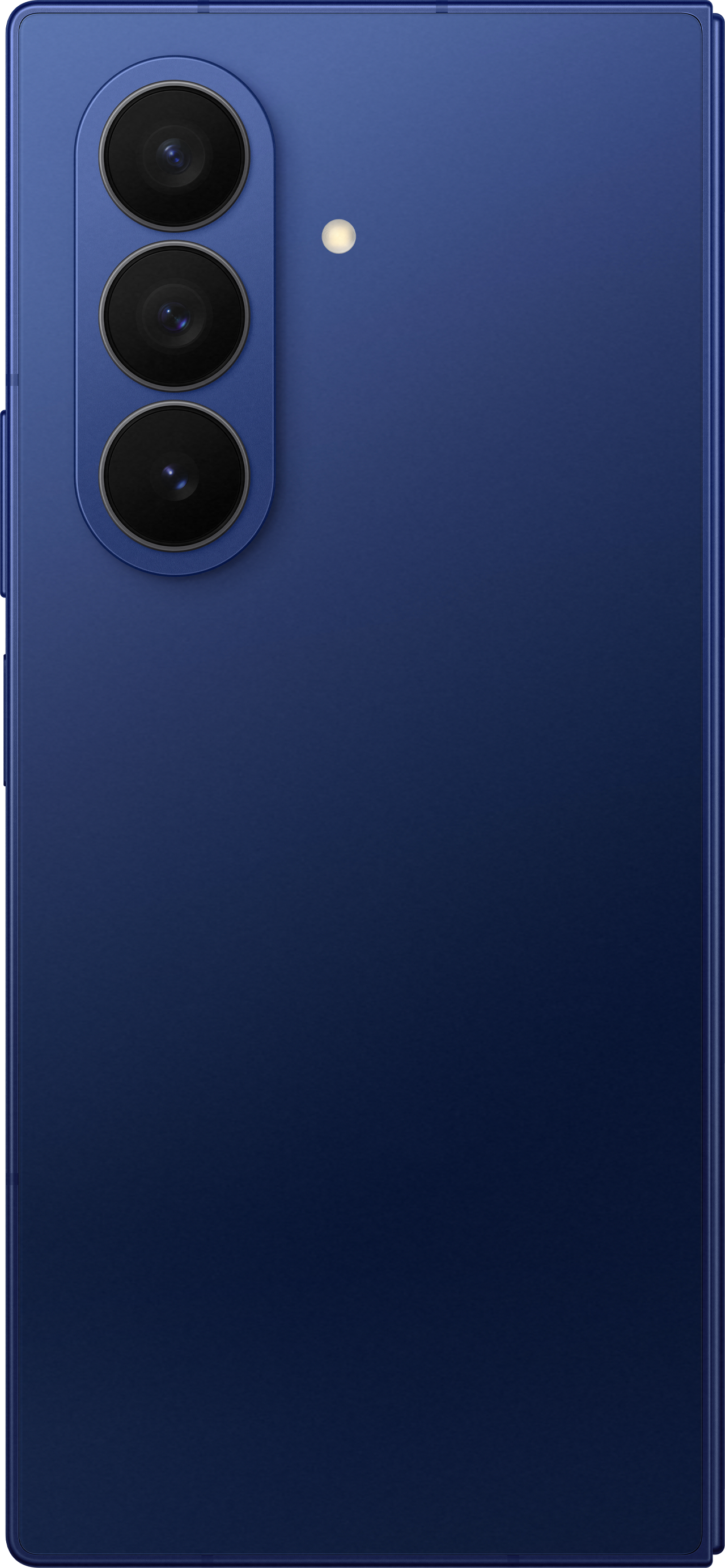 Dos d'un smartphone bleu avec trois objectifs et un flash.