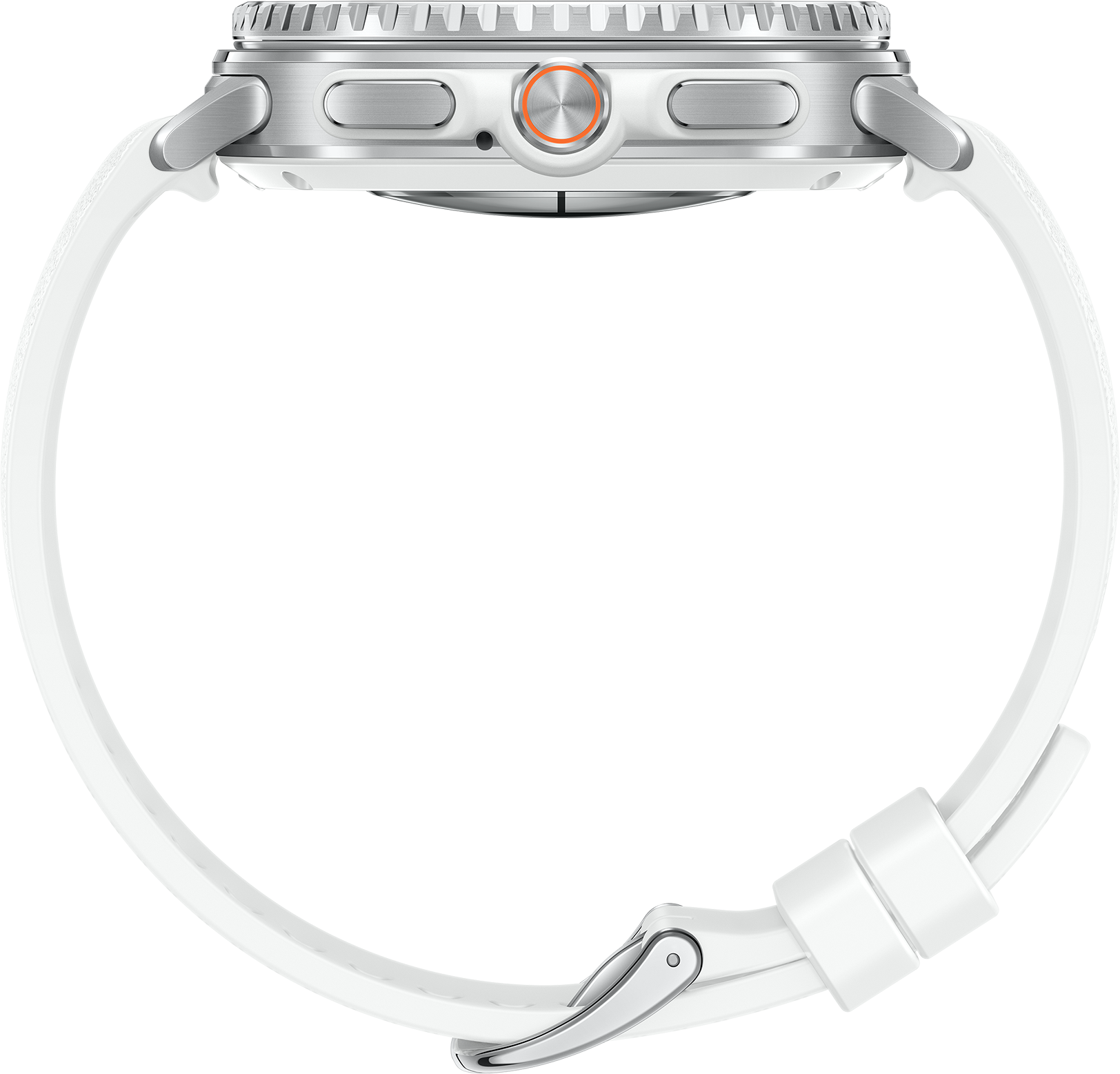 Vue latérale d'une montre intelligente argentée avec un bracelet blanc. La montre a un cadran rond avec un bracelet blanc.