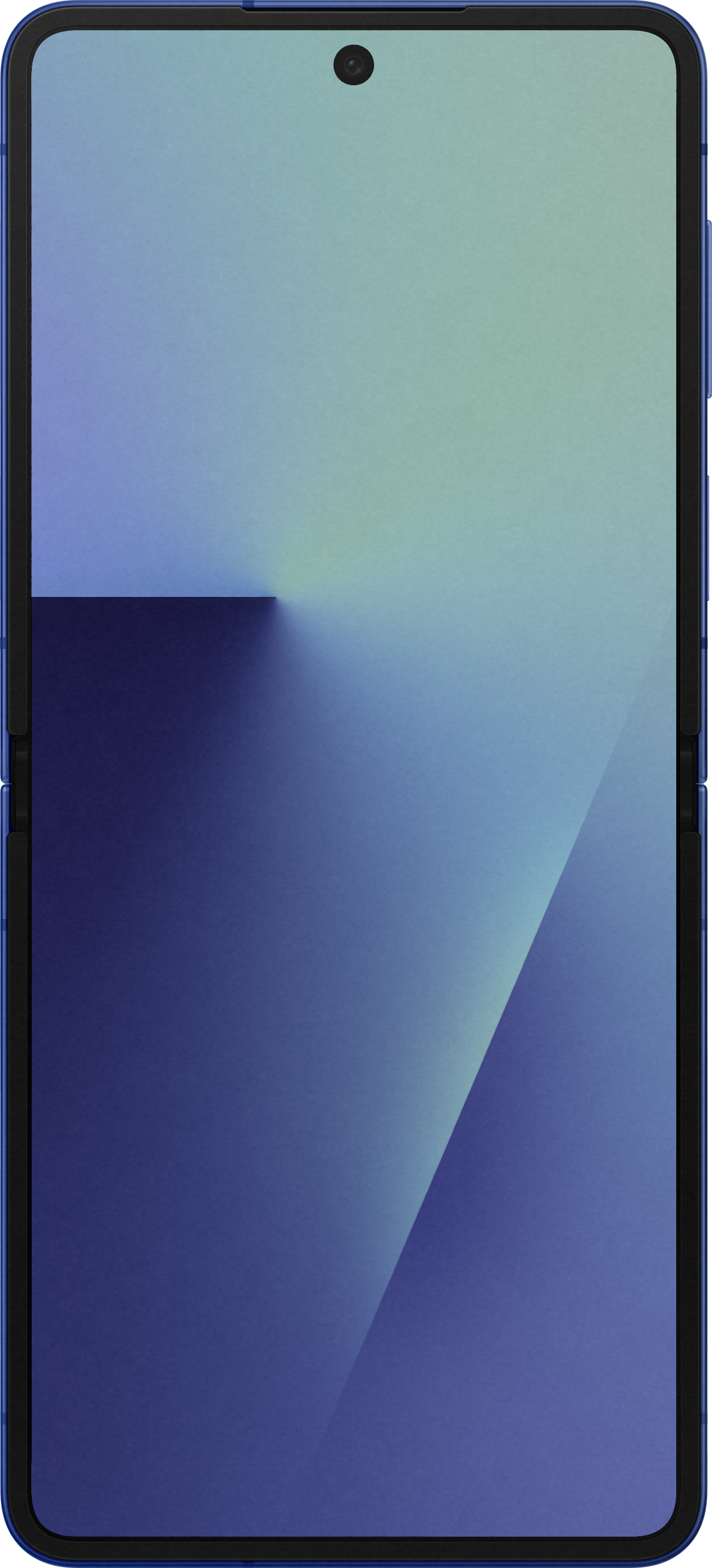Un smartphone bleu, plié. L'écran montre un dégradé de bleu à vert. Une caméra est visible en haut.