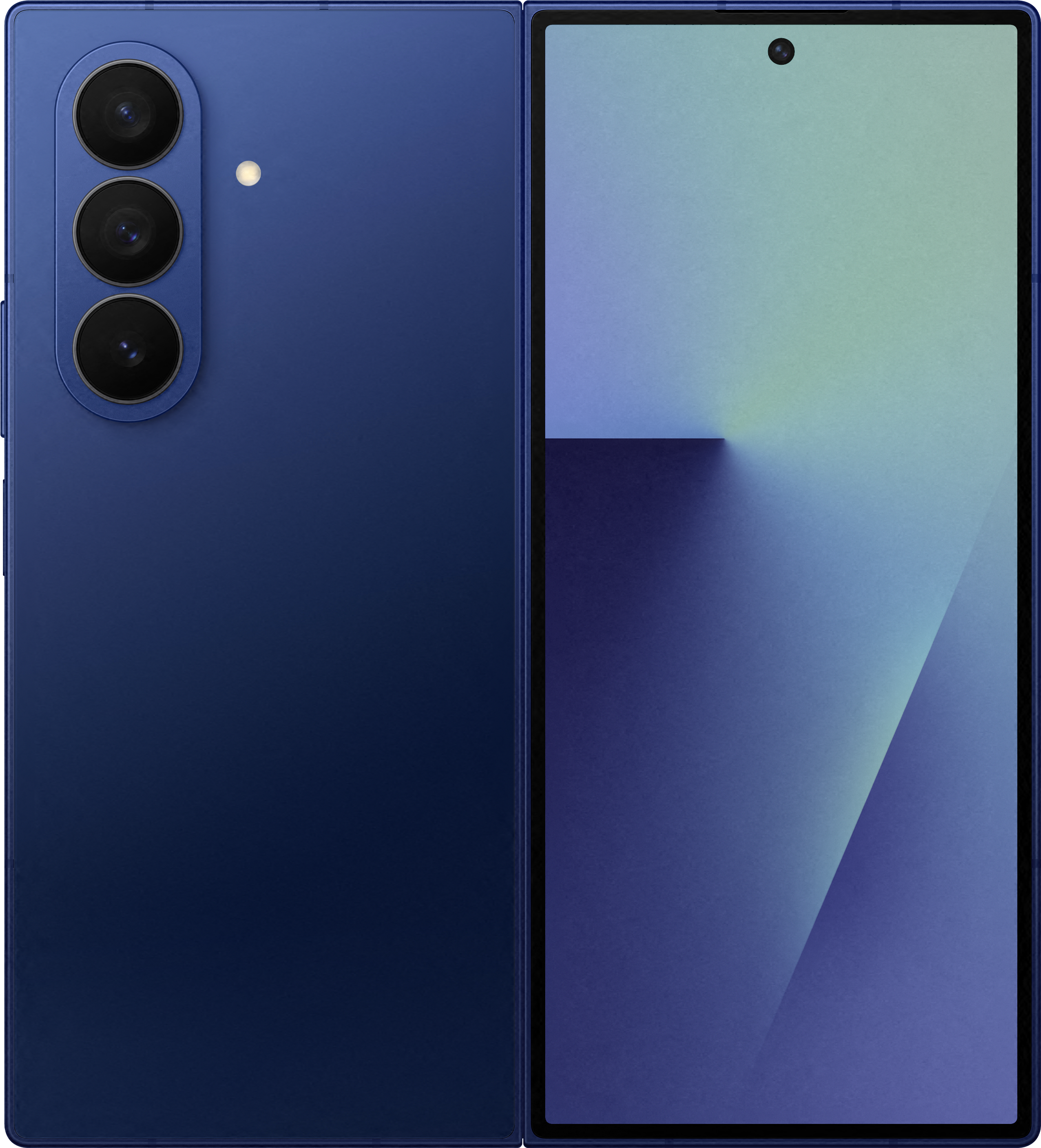 Un smartphone pliable bleu est affiché. Le côté gauche a des caméras, le côté droit montre l'écran.