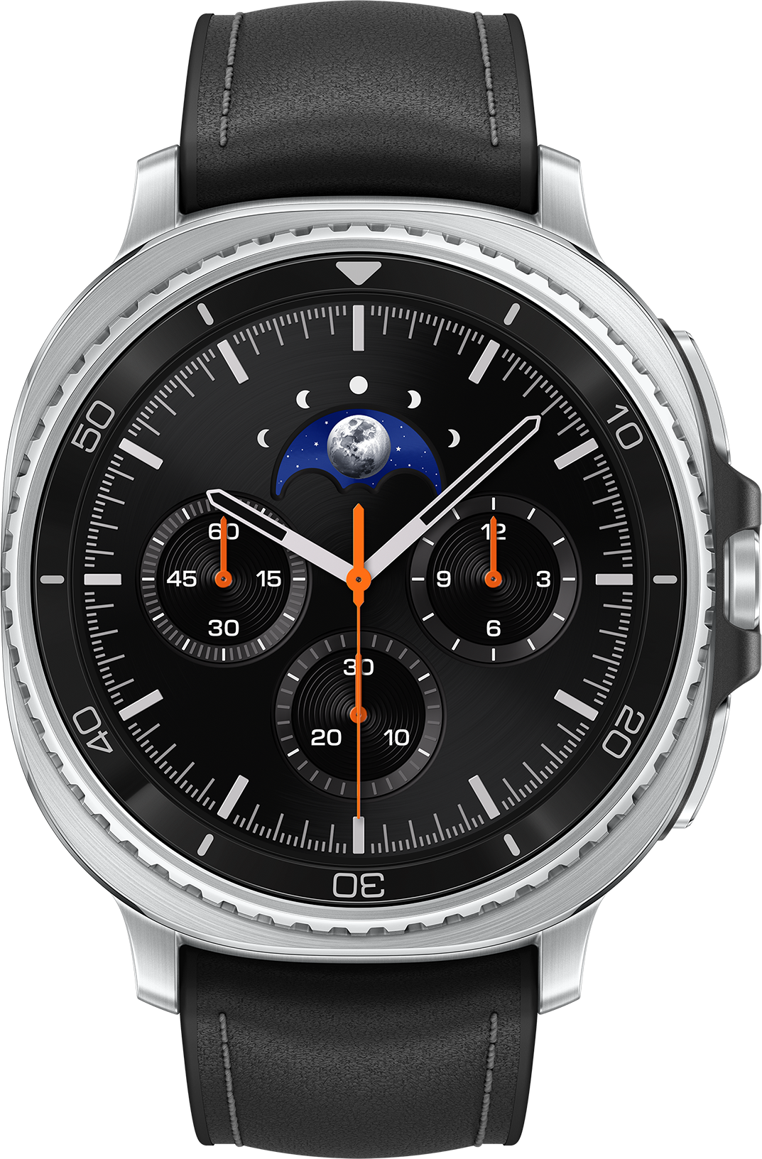Une montre-bracelet noire avec des détails argentés, un bracelet en cuir noir et trois sous-cadrans. Comprend un indicateur de phase lunaire.