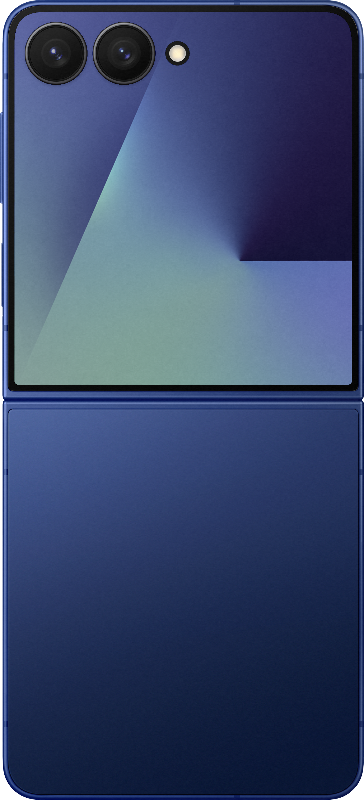 Smartphone bleu pliable, partiellement ouvert. Haut : caméras et écran. Bas : bleu uni.