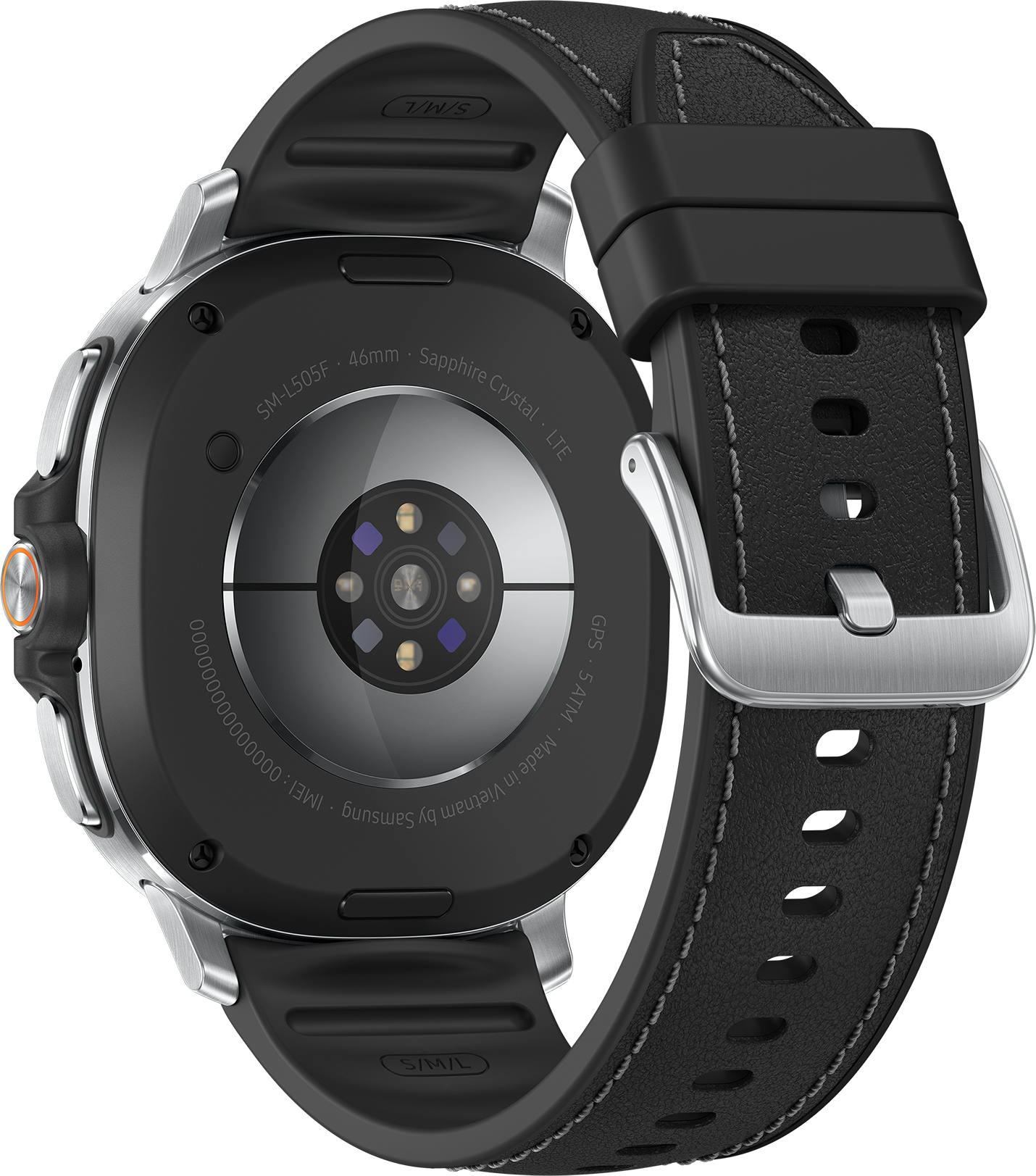 Dos d'une smartwatch noire avec bracelet en cuir. Boucle argentée et détails de la montre visibles. La montre a un capteur.