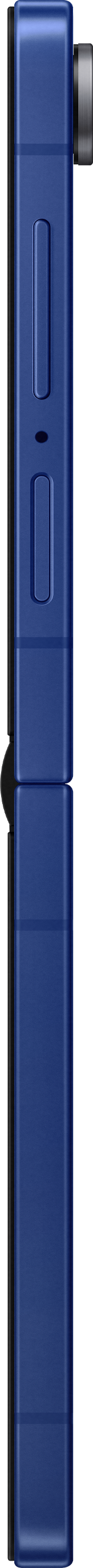 Un appareil rectangulaire bleu avec des boutons et un microphone sur fond noir.