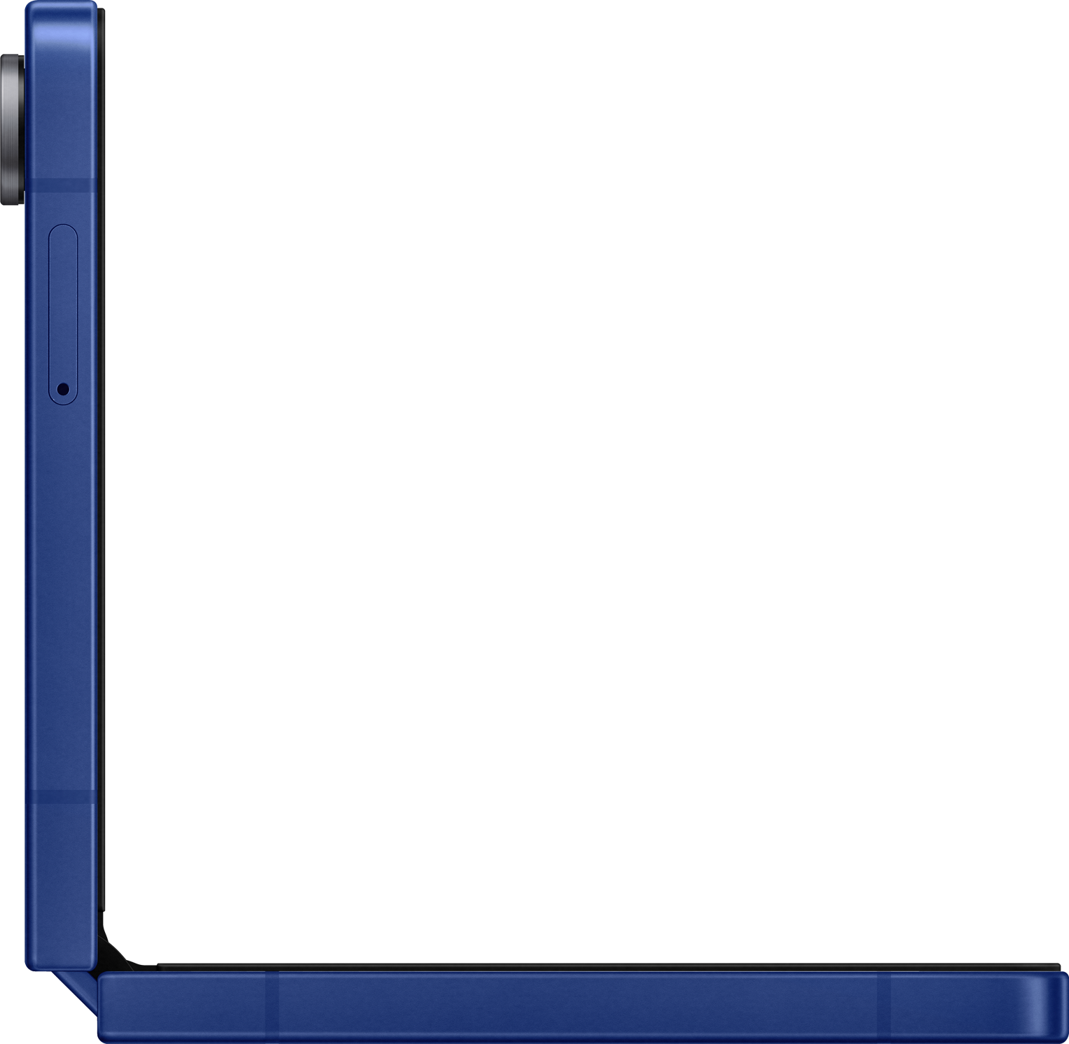 Un coin d'un smartphone bleu est montré, l'écran est noir et un espace blanc est à droite. Le côté du téléphone est visible.