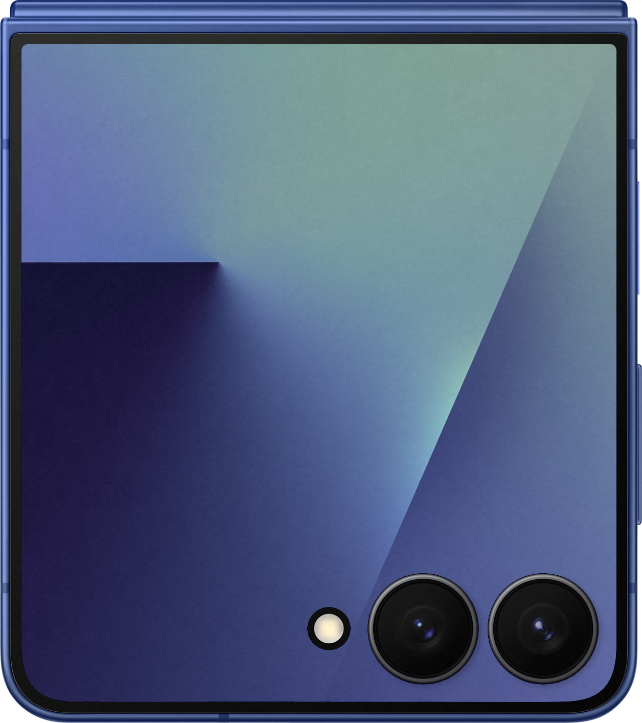 Un téléphone dégradé bleu avec deux objectifs et un flash. L'écran présente un dégradé de bleu foncé à bleu clair.