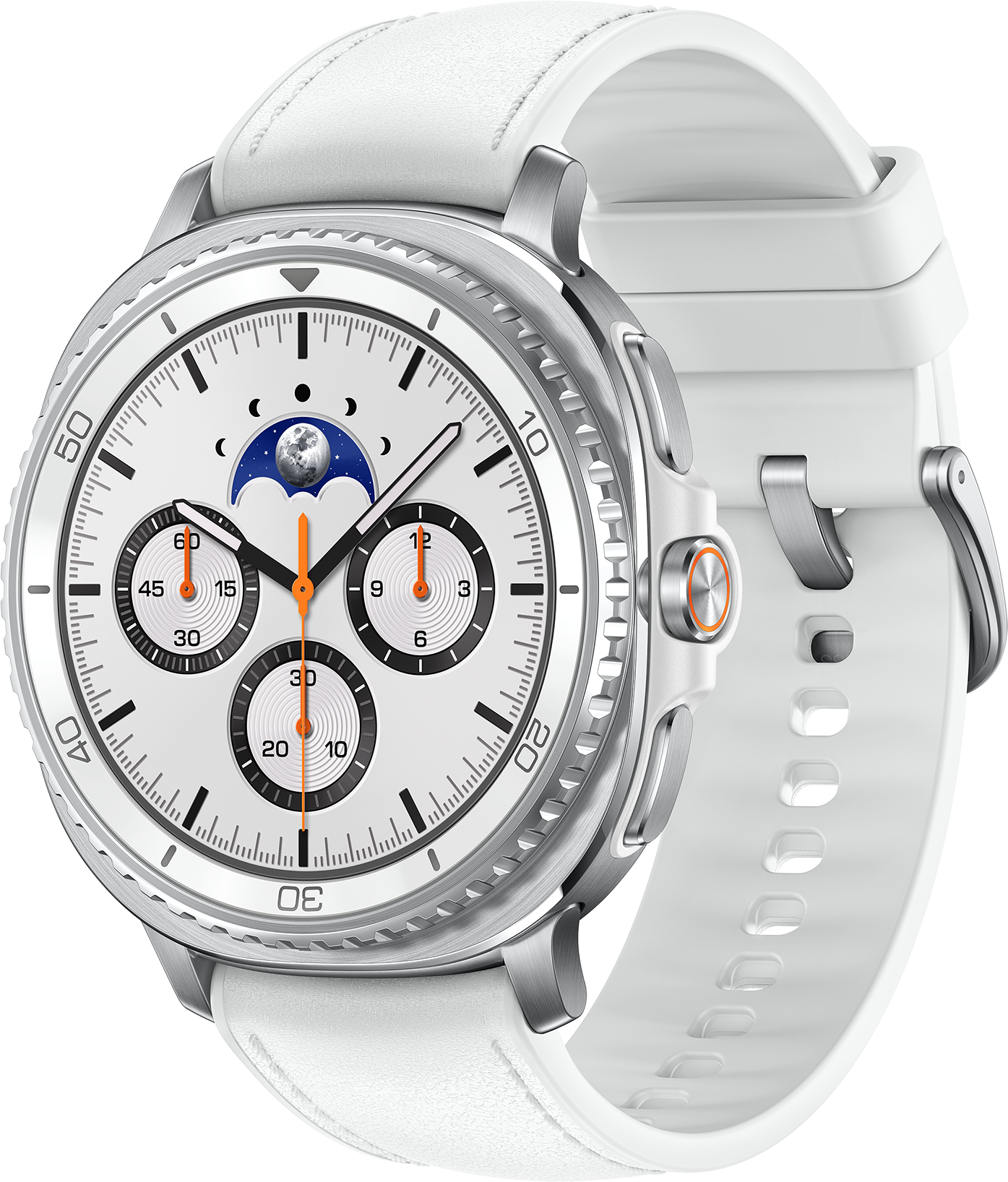 Une smartwatch blanche avec un bracelet blanc. Elle a un cadran blanc avec plusieurs cadrans et des accents orange. Le fond est blanc.