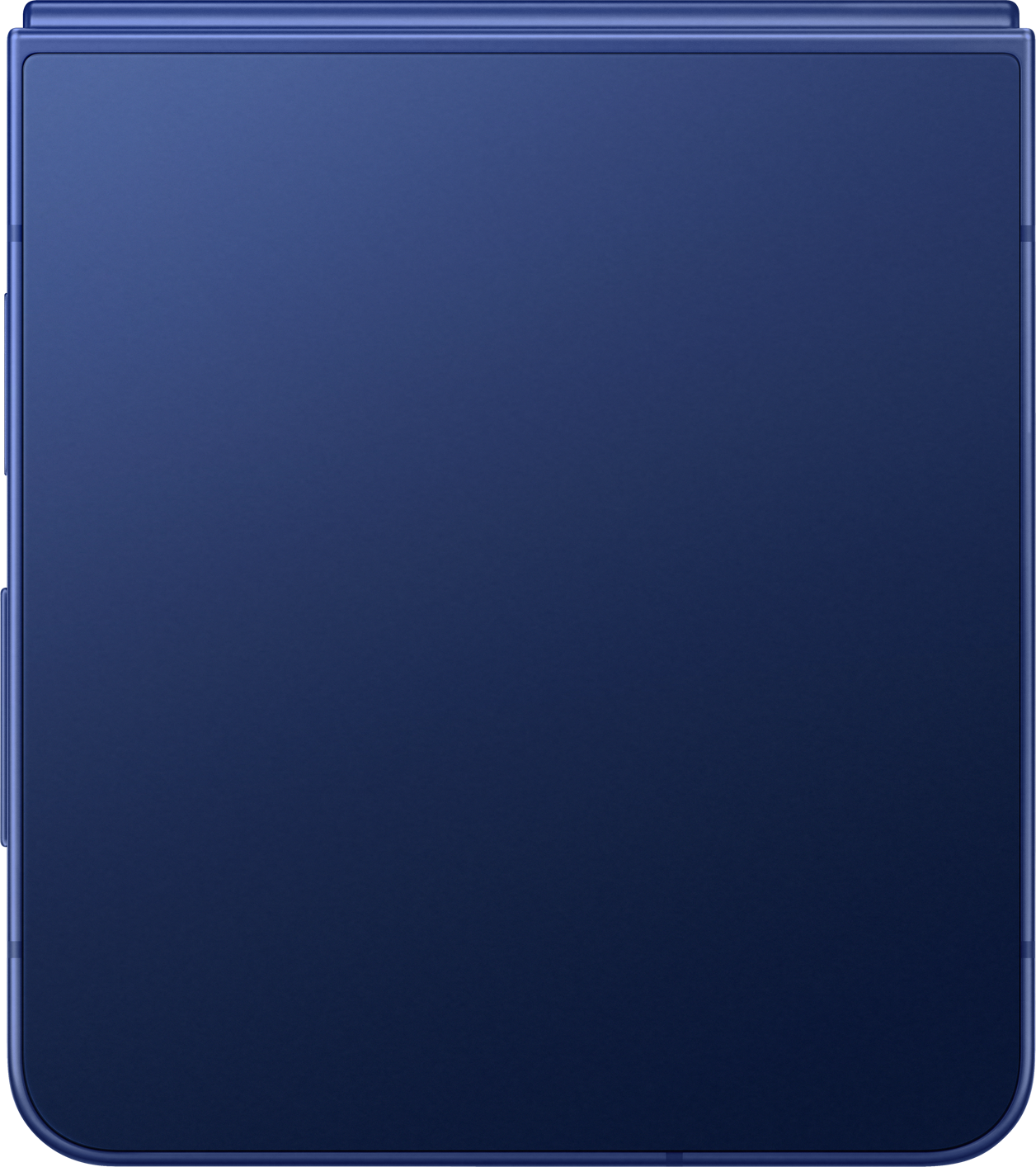 Un appareil rectangulaire bleu foncé fermé. Les bords sont bleu clair, avec une finition brillante subtile. Détails minimes.