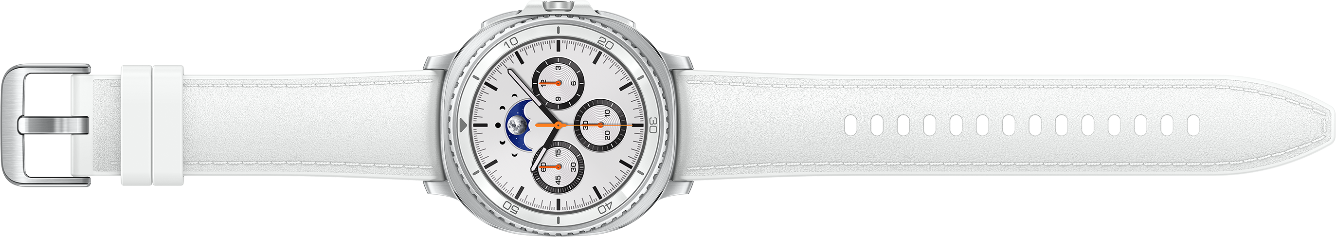 Une montre connectée blanche avec lunette argentée et bracelet cuir blanc sur fond noir.