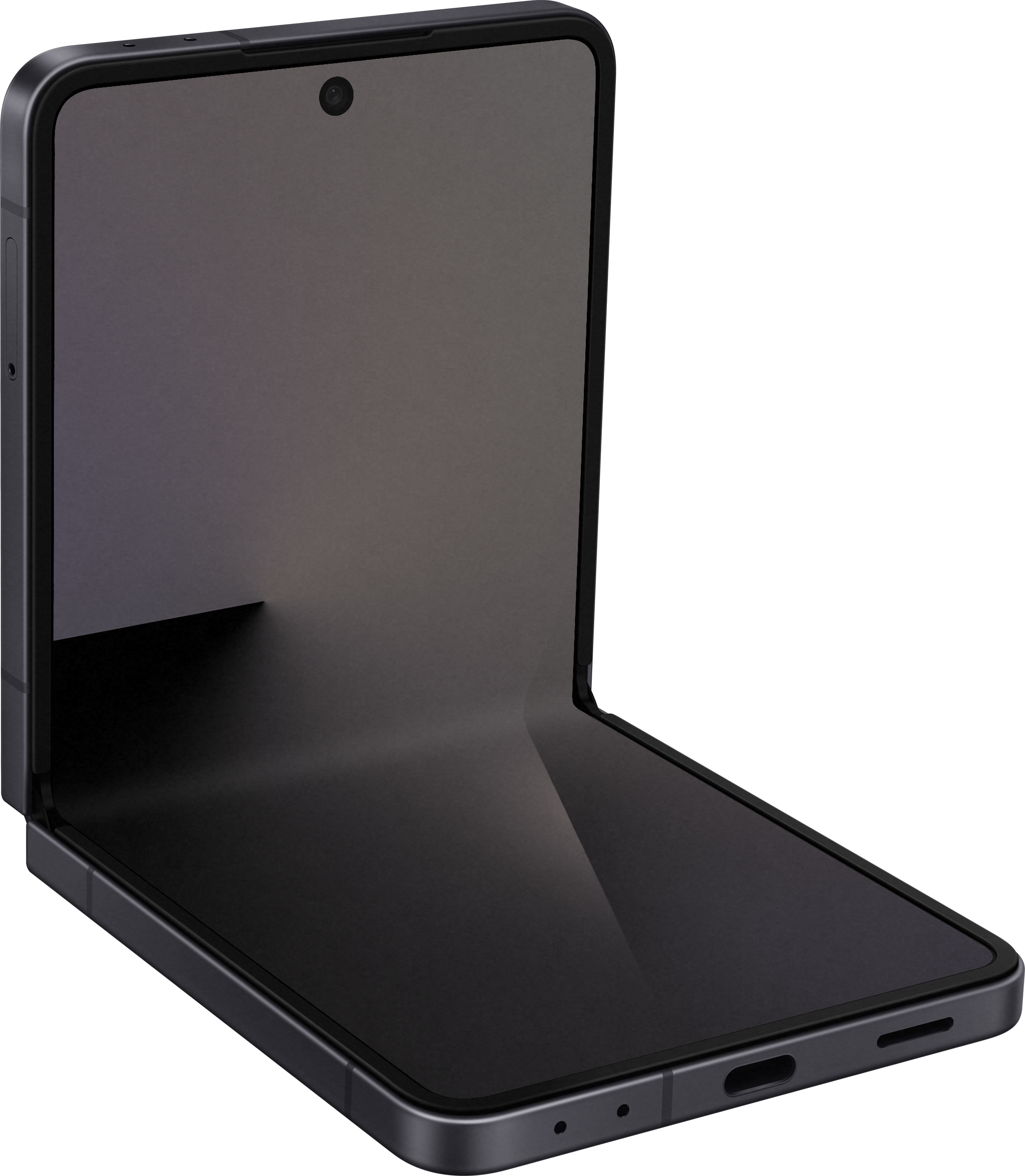 Viene visualizzato uno smartphone grigio scuro piegato. Lo schermo è aperto lateralmente e il telefono è su una superficie grigio scuro.