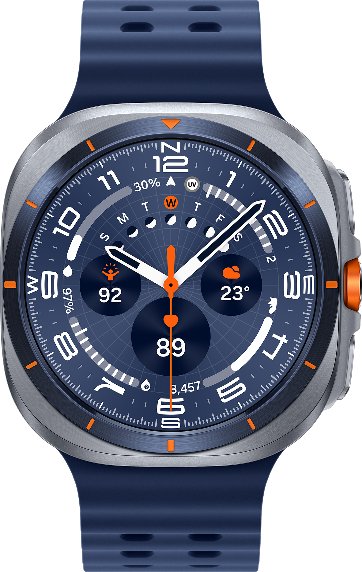 Une montre connectée avec un cadran bleu foncé, une lunette argentée et un bracelet bleu marine. Affiche l'heure, la météo et les données de santé en blanc.