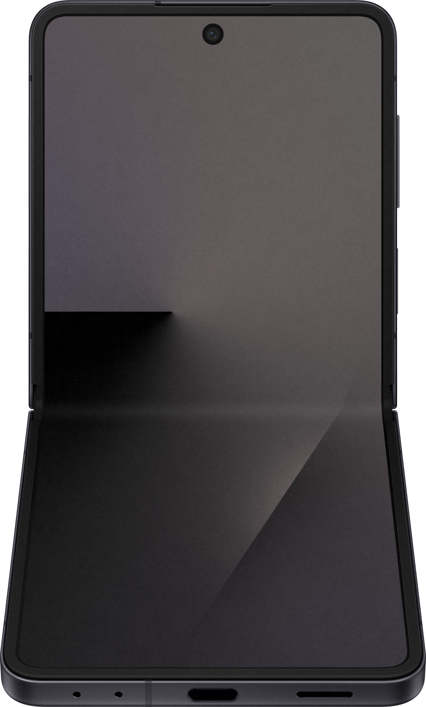 Uno smartphone pieghevole nero è aperto, mostrando uno schermo con colori sfumati. Una fotocamera è visibile in alto.