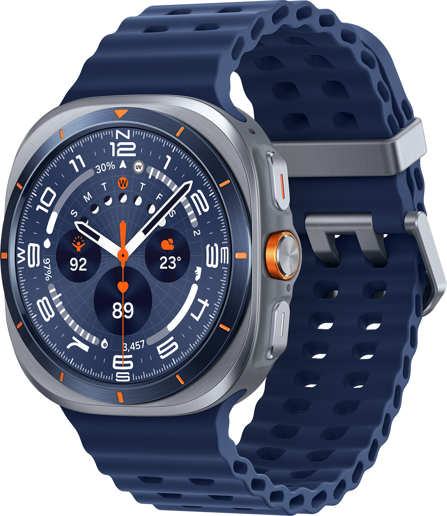 Une smartwatch bleu marine avec cadran et bracelet argenté et orange. Affiche l'heure, la date et les données de santé.