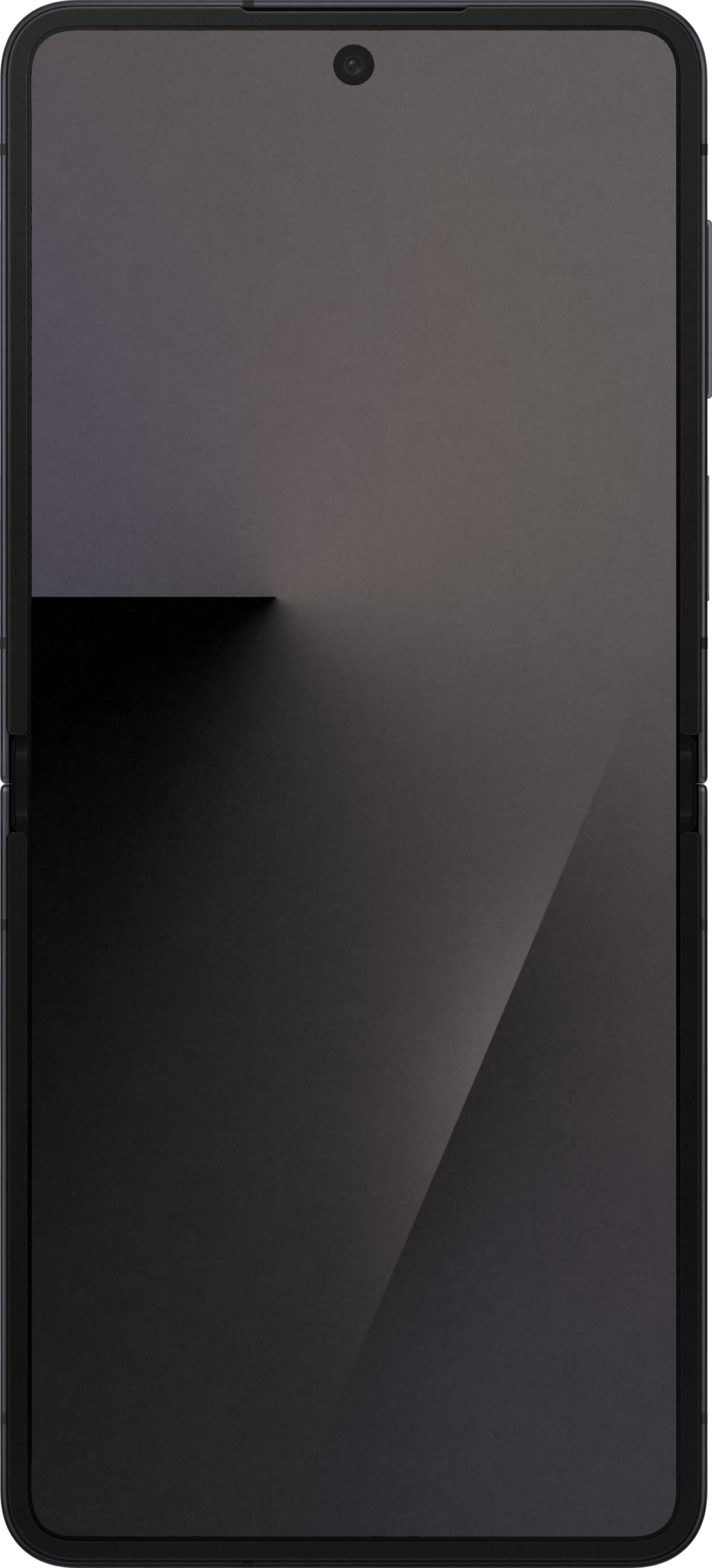Uno smartphone grigio scuro, piegato. Lo schermo mostra una sfumatura con un'ombra scura sul lato sinistro.