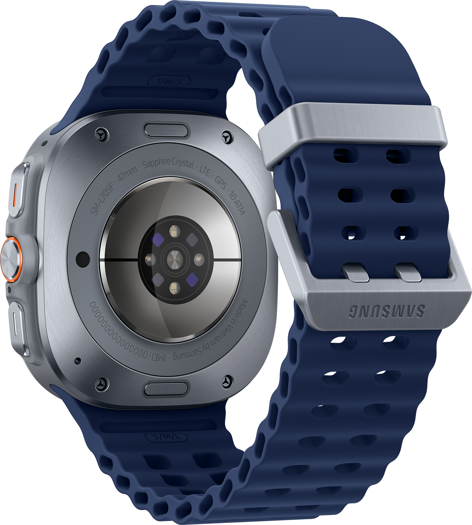 Gros plan d'une smartwatch argentée avec un bracelet bleu. Le dos de la montre comporte des capteurs et du texte. Le bracelet est bouclé.