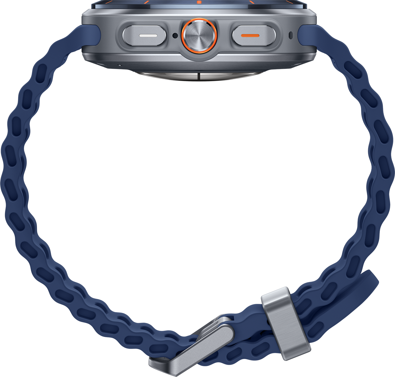 Gros plan d'une montre connectée avec un bracelet bleu. La montre est argentée avec des accents oranges et un bracelet bleu foncé.