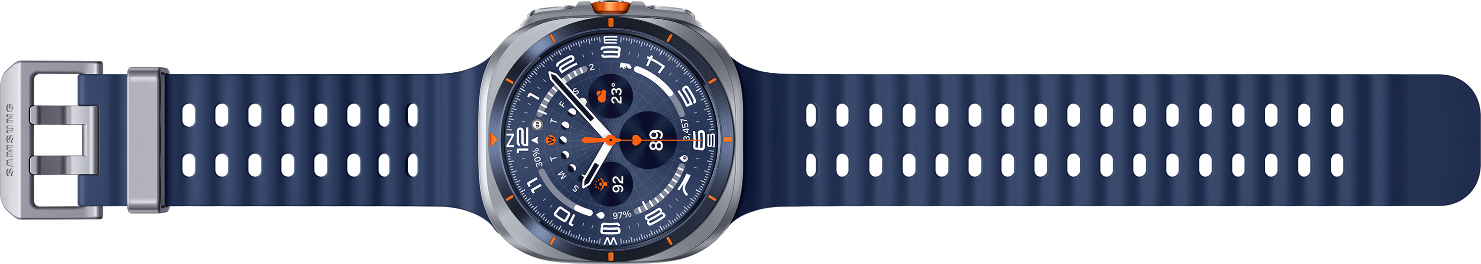 Une montre connectée bleue avec un cadre et un bracelet argentés. Elle affiche l'heure et d'autres données.