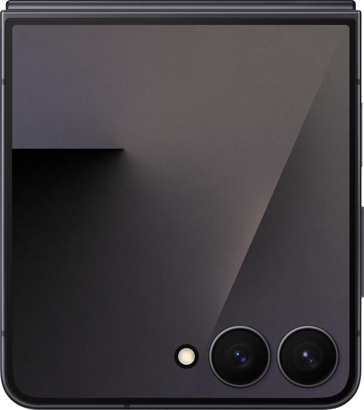 Primo piano di un telefono grigio scuro piegato. Due obiettivi della fotocamera e un flash sono visibili in basso a destra. Il telefono è leggermente aperto.