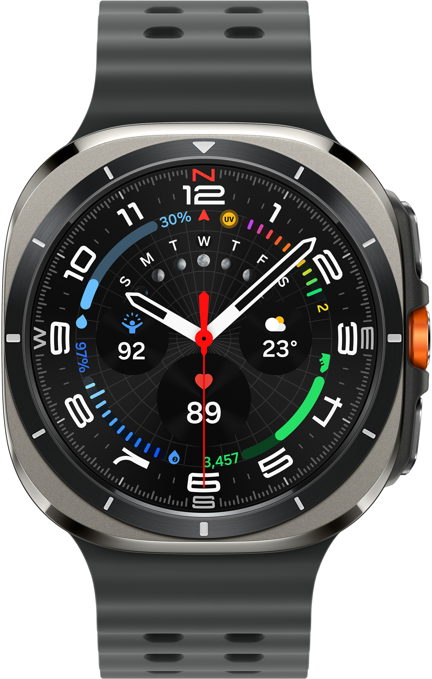 Uno smartwatch mostra l'ora, i dati sanitari e il meteo. Ha un quadrante nero con numeri e lancette bianche.