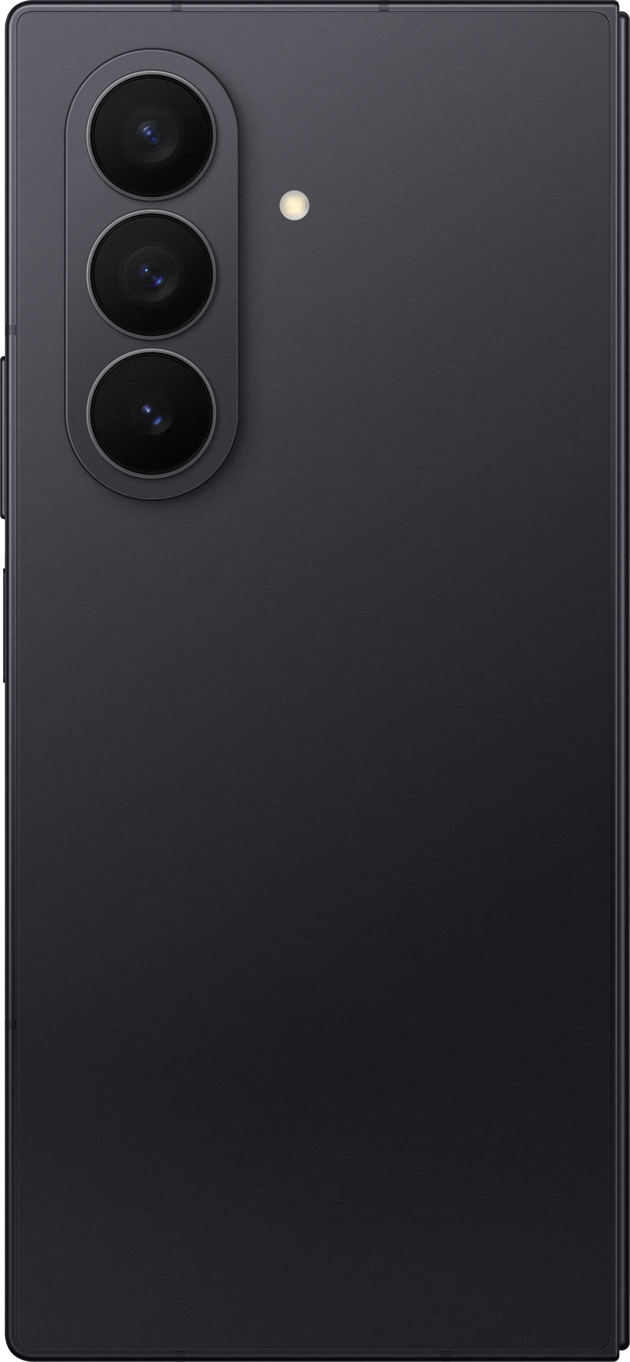 Retro di smartphone nero con tre obiettivi, un flash e una superficie scura e liscia. Il telefono è rettangolare con angoli arrotondati.