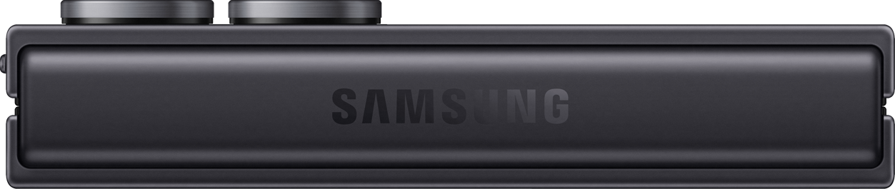 Dispositivo rettangolare grigio scuro con "SAMSUNG" in rilievo. La parte superiore ha due elementi circolari argentati. Bordi curvi.