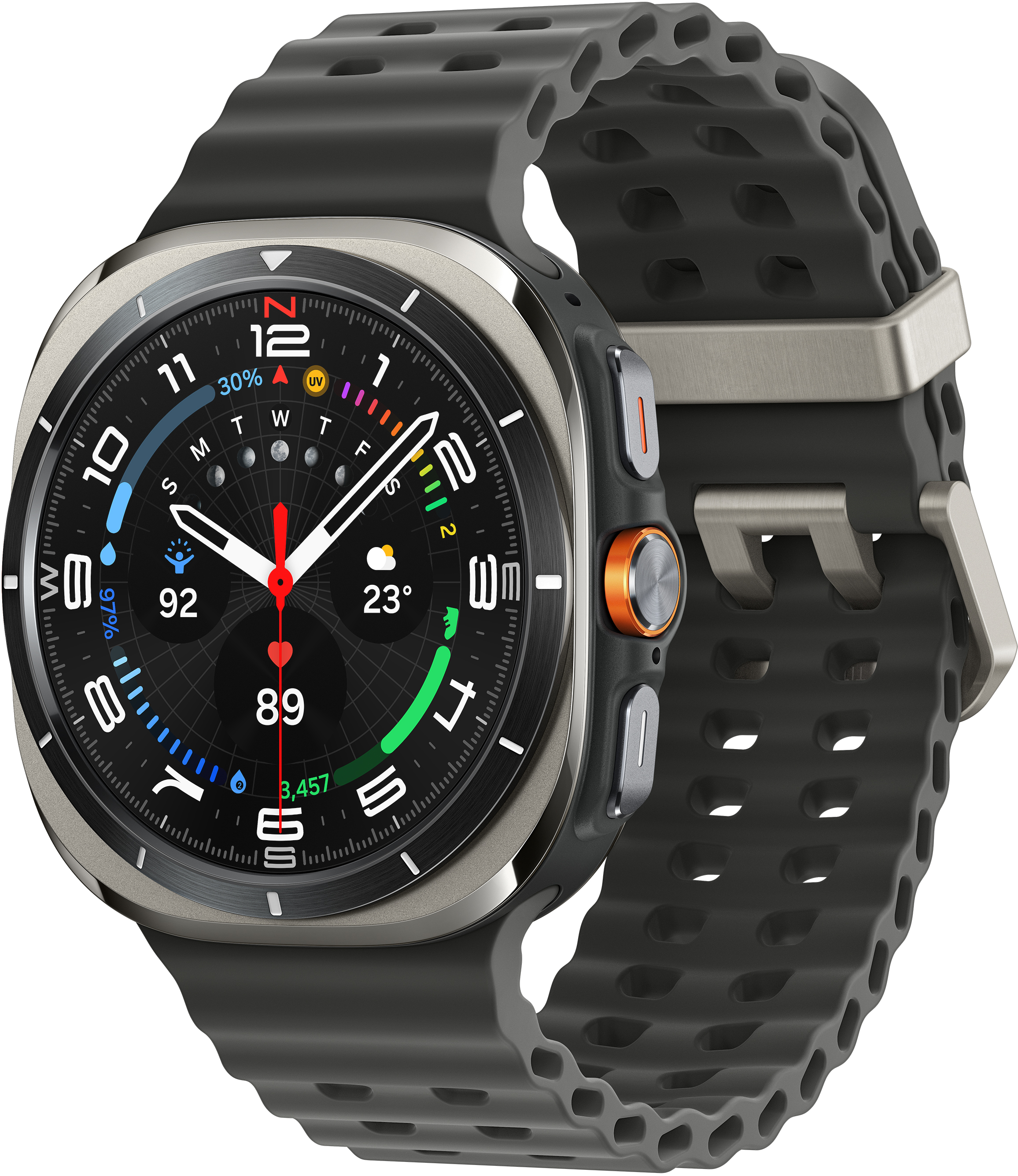 Uno smartwatch con quadrante nero che mostra dati e cinturino nero e grigio. L'orologio ha un pulsante arancione.